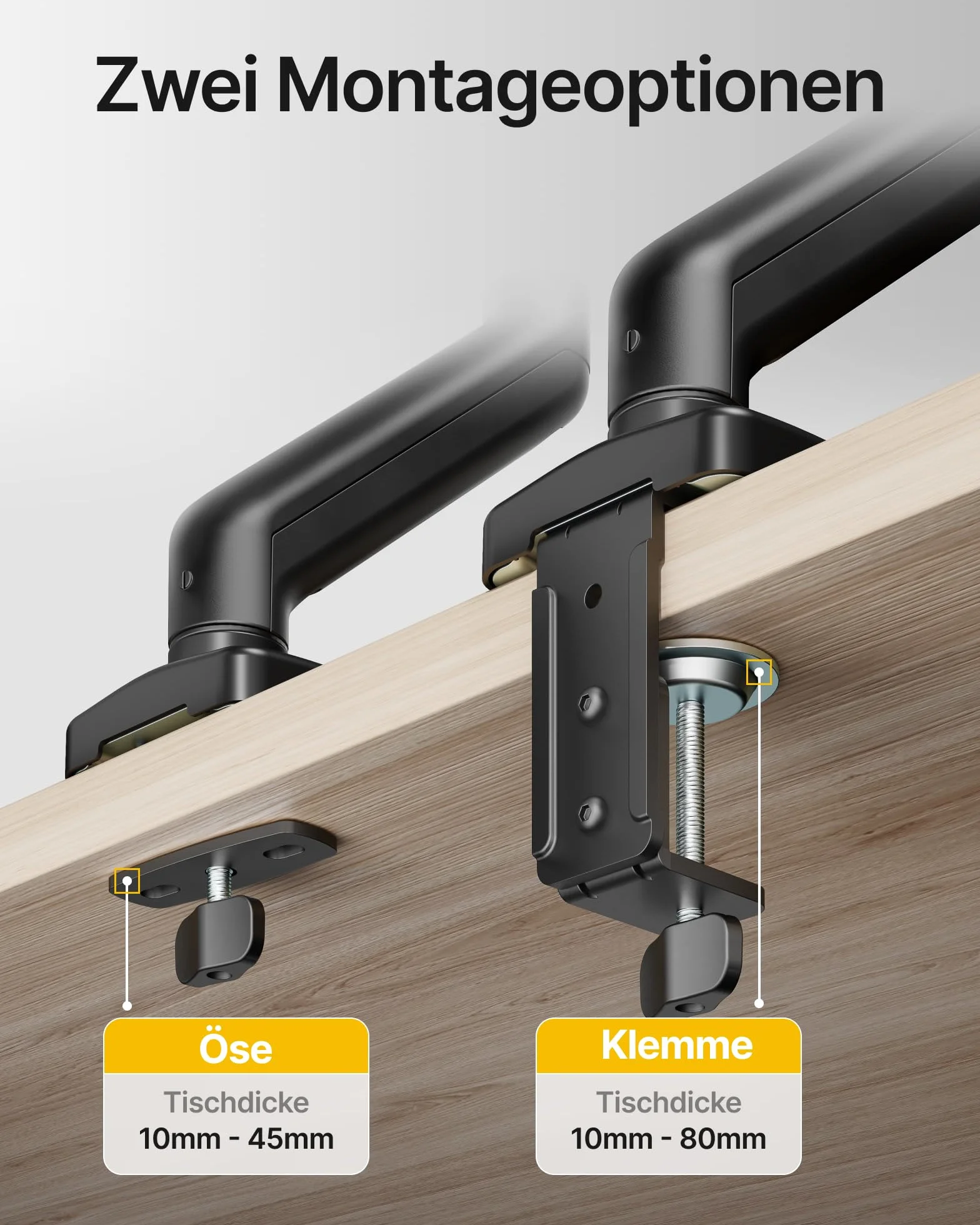 monTEK Uchwyt do Monitora i Laptopa 2 w 1, Regulowane Ramię do Monitora 17–32" i Laptopa 12–18", VESA 75x75/100x100, Mocowanie Zaciskowe lub Przelotowe, Czarny