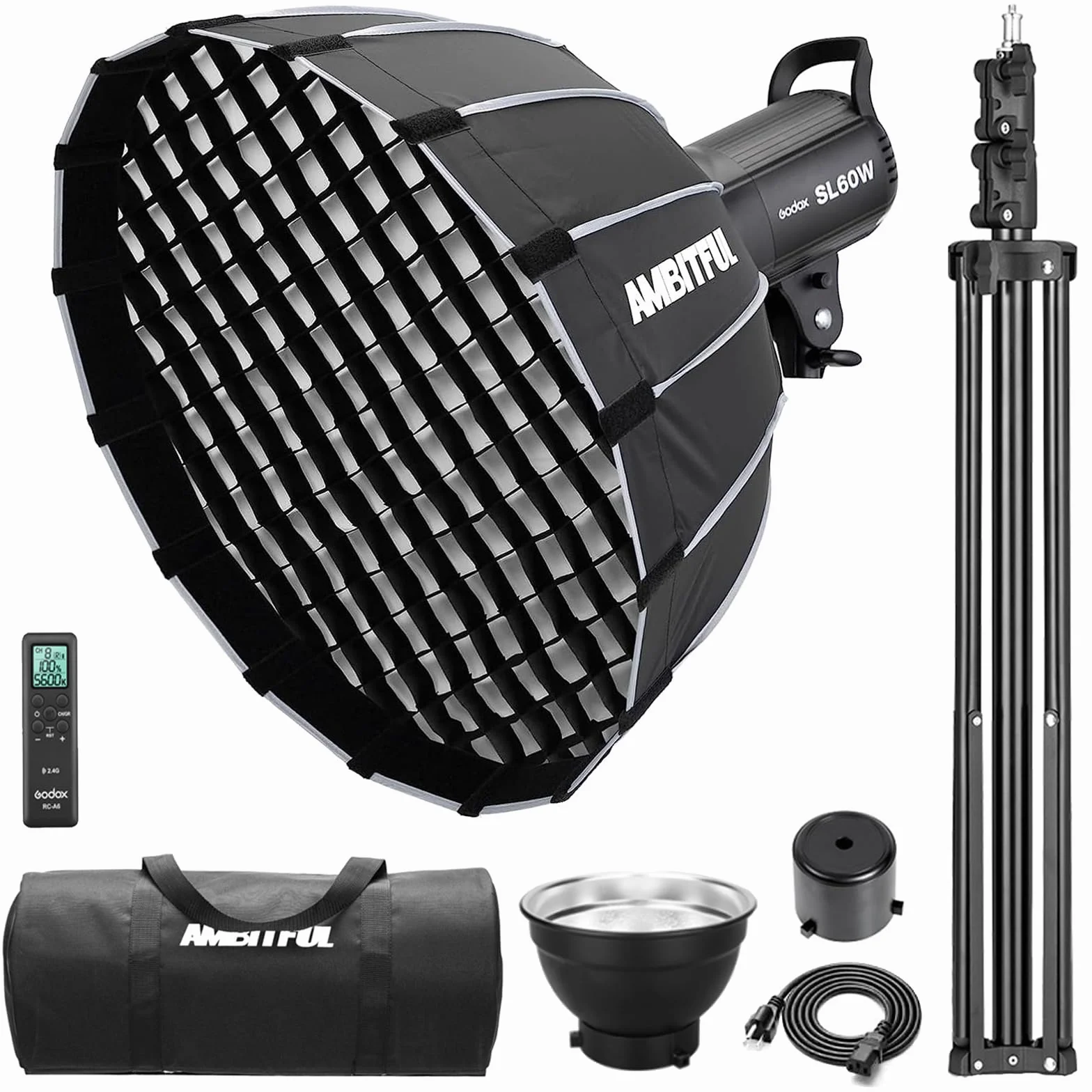 Godox SL-60 W CRI 95+ LED lampa wideo SL60 W 5600 K uchwyt Bowens AMBITFUL P60 Softbox, torba do przenoszenia, stojak na światło, pilot zdalnego sterowania RC-A5