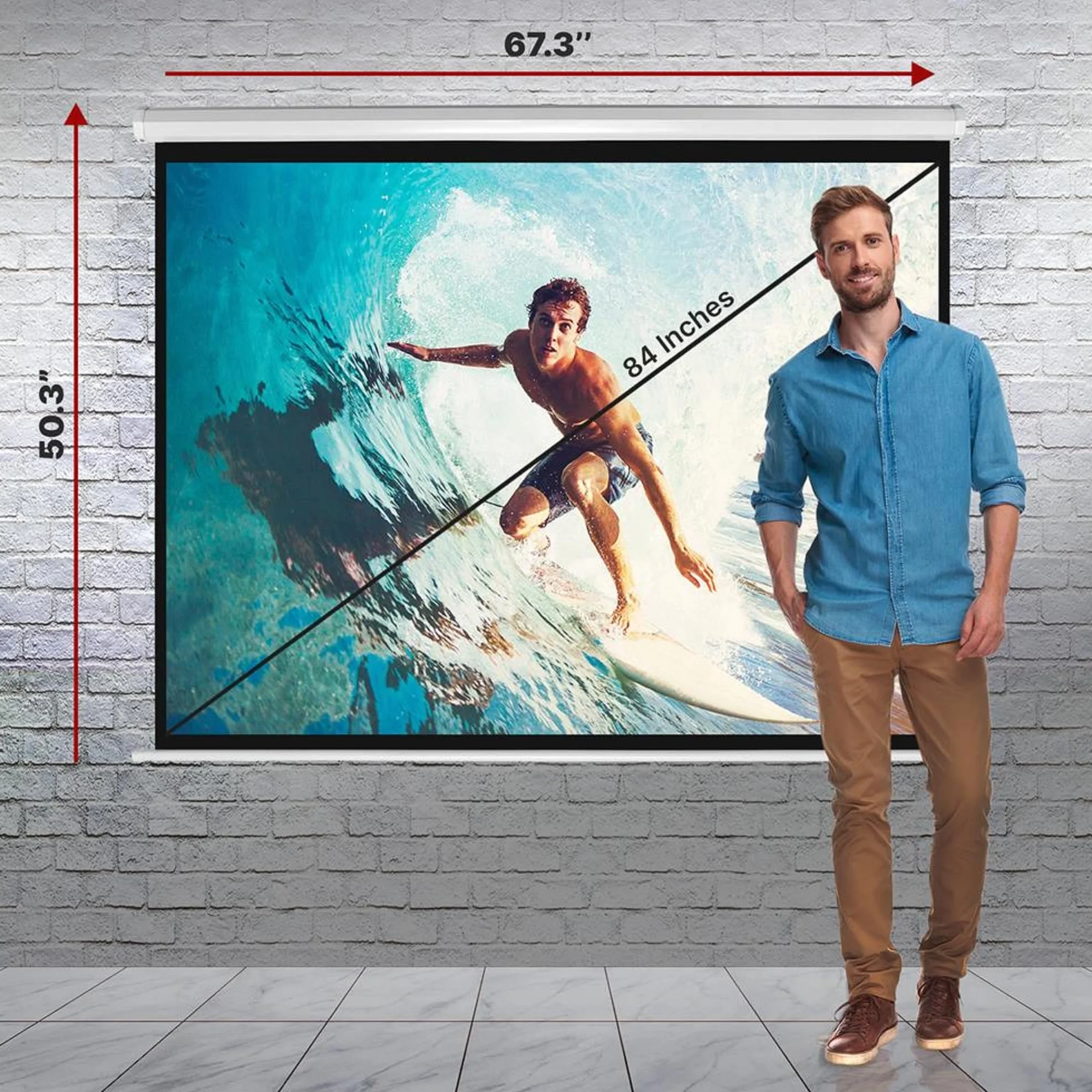 Pyle Ekran Projektora Ręczny Pull-Down 84" - Retrakcyjny Z Automatyczną Blokadą, Regulacją Wysokości, Czarna Ramka - 50.3" x 67.3" PRJSM9406
