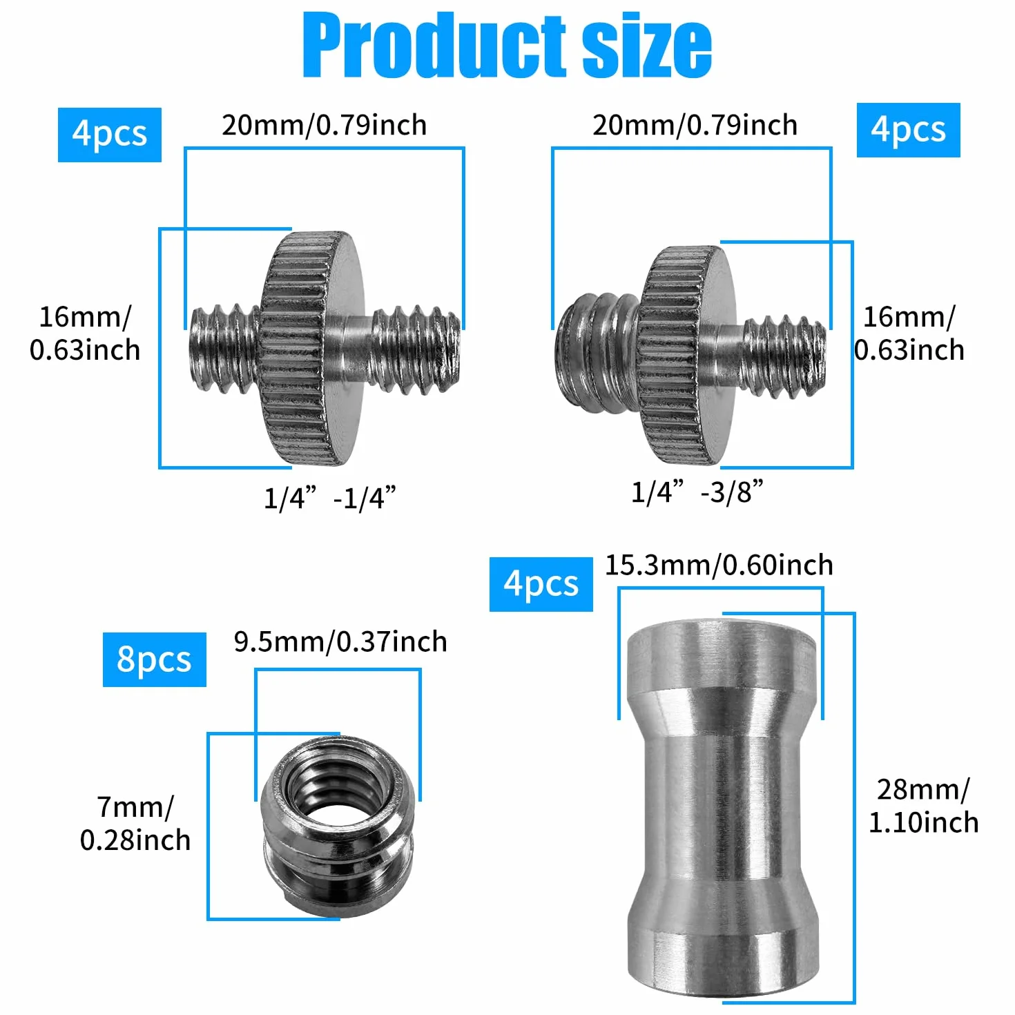 20 Sztuk Adapterów Gwintowanych Do Kamery 1/4 i 3/8 Cala, Śruba Statywu, Srebrny Metalowy Spigot Adapter Do Aparatu/Statywu/Monopad/Głowicy Kulowej/Światła