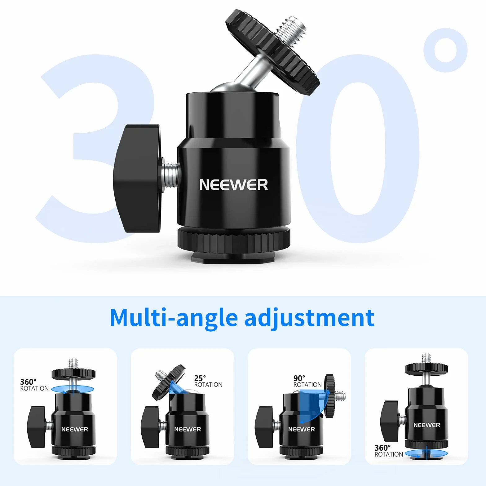 Neewer ST17 ST17 zestaw 2 uchwytów do lampy błyskowej 1/4" z dodatkową śrubą 1/4", mini adapter z głowicą kulową do aparatów, kamkorderów, smartfonów, lamp wideo, mikrofonów, światła pierścieniowego