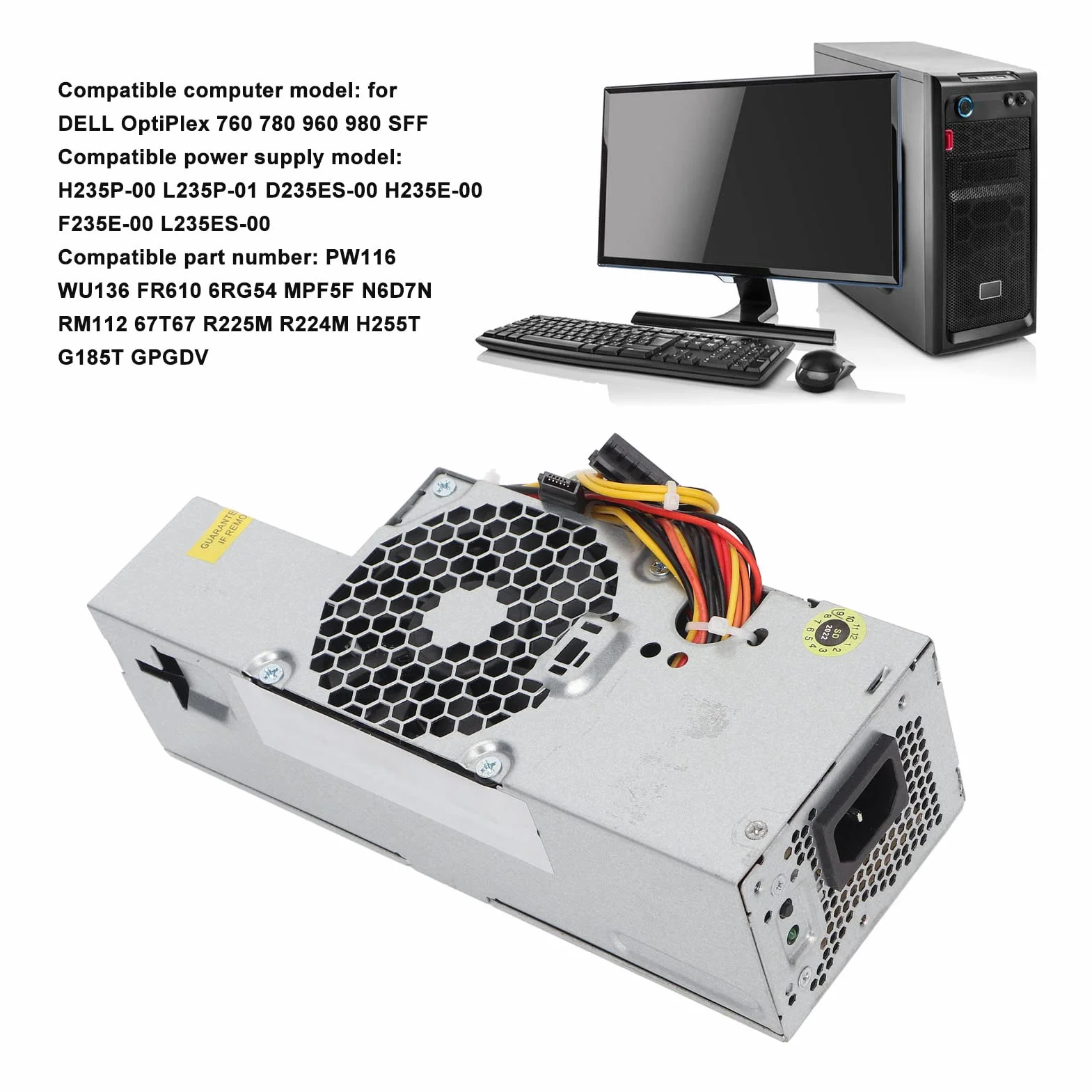 Zasilacz PC 235 W Zasilacz do Obudowy, L235P-01 D235ES-00 F235E-00 Zasilacz 235 W, do OptiPlex 760 780 960 980 980 SFF AC 100-240 V
