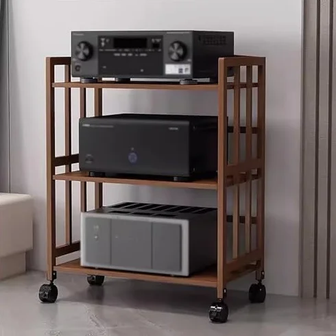 3-poziomowa szafka stereo, duża pojemność, stojak do przechowywania multimediów na sprzęt audio-wideo, regulowane półki, mobilna konstrukcja z uniwersalnymi kółkami, do mebli do domu i biura, salonu