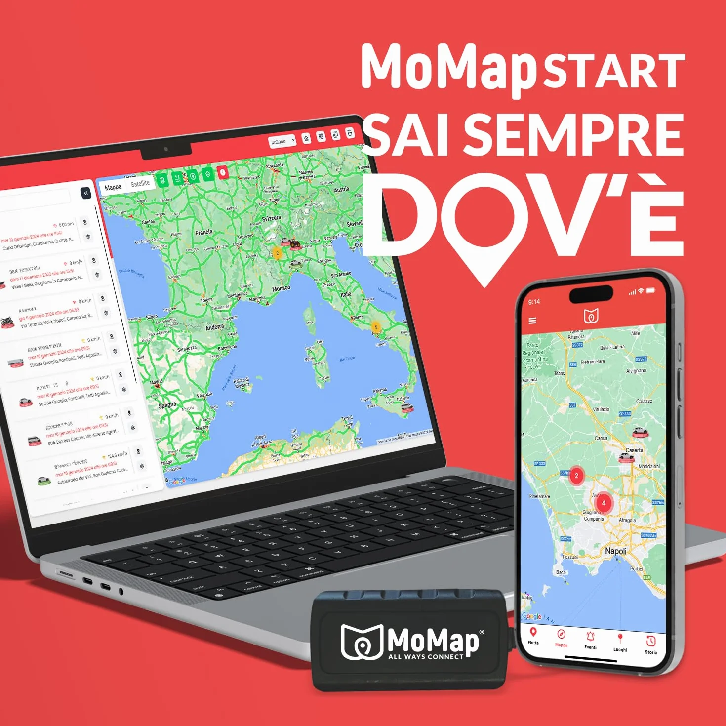 MoMap Start 4G - GPS Tracker do samochodów i motocykli, automatyczne blokowanie rozruchu po 30 sekundach, monitorowanie stanu baterii, 100% włoska aplikacja i obsługa klienta w 100% włoski