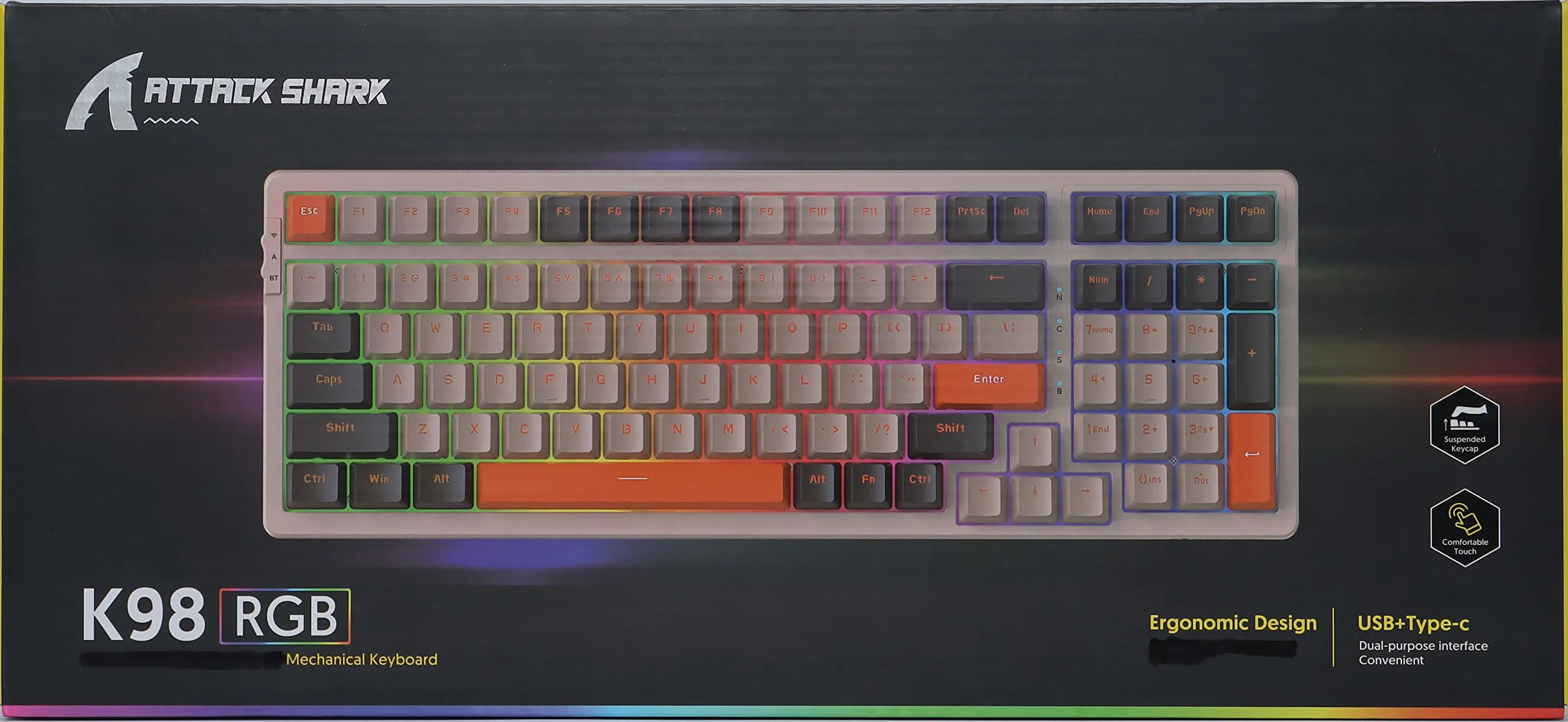 ATTACK SHARK K98 Przewodowa klawiatura mechaniczna do gier z odłączanym metalowym kablem USB C,18 LED RGB Illumination, Customized Red Switch, Programmable Actuation, 100 klawiszy dla Mac/Win（shimmer）