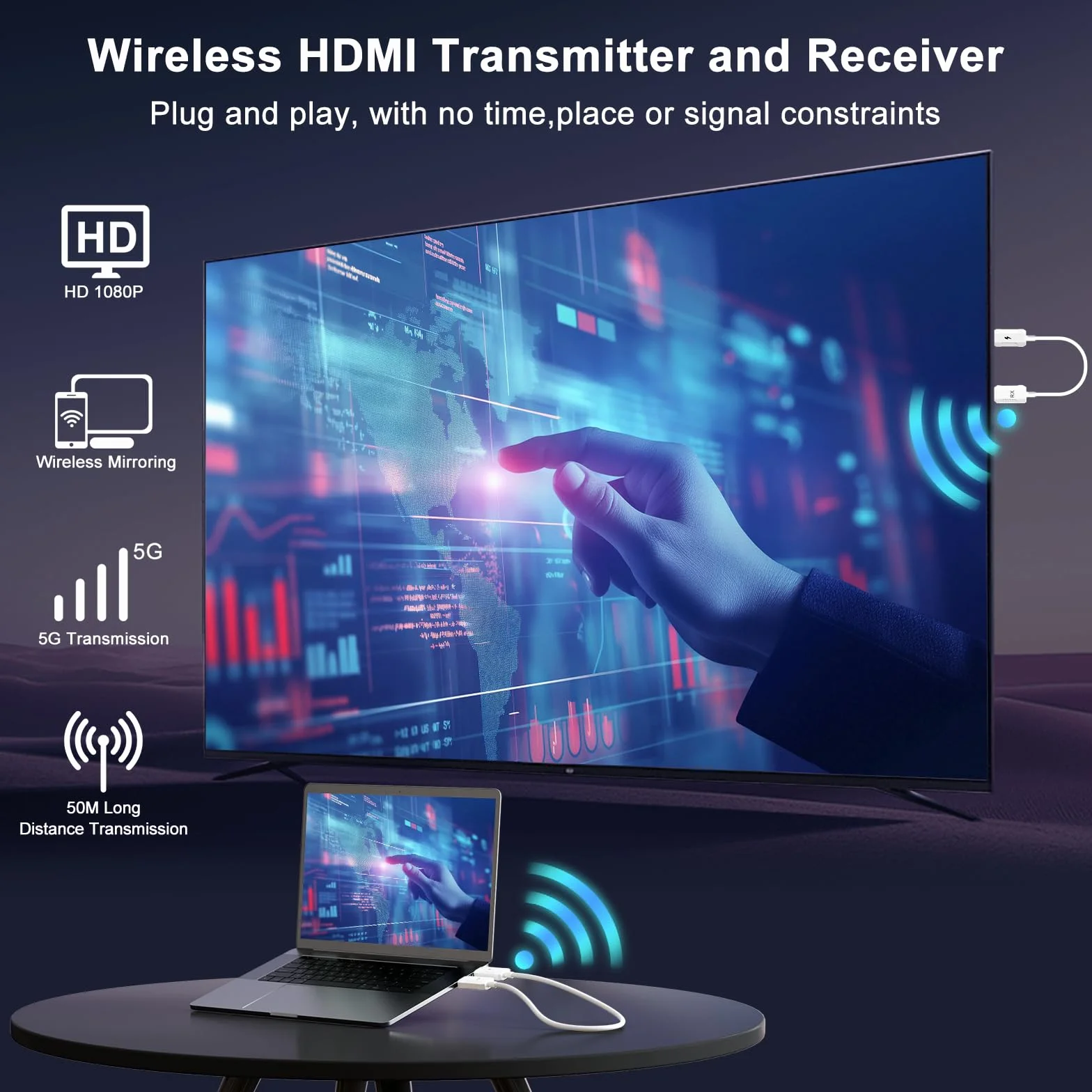 Bezprzewodowy nadajnik i odbiornik HDMI, bezprzewodowy przedłużacz HDMI, bezprzewodowa transmisja do strumieniowego przesyłania telewizji, strumieniowania spotkań, Mirrow Video Audio z laptopa