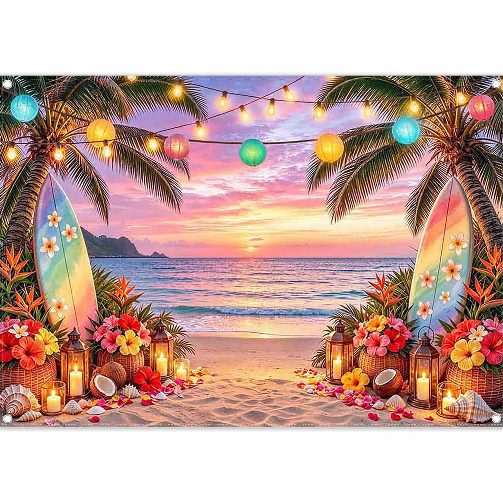 Luminora Tło zachodu słońca na tropikalnej plaży 2,1x1,5 m | Tło Fotografia Lato Hawajski Gobelin Luau Palmy Witaj Impreza Dekoracja Party Rekwizyty Fotograficzne