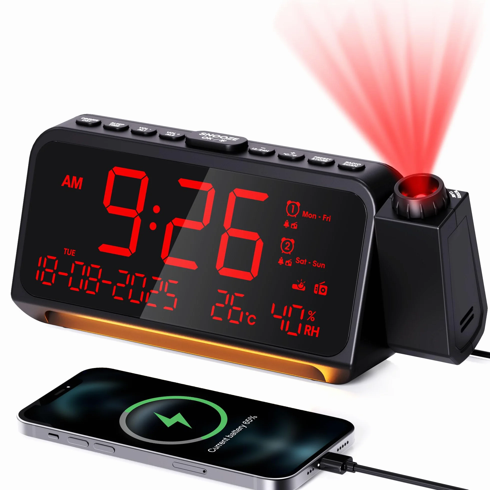 Radiobudzik cyfrowy, budzik z projektorem, radio FM i automatyczny wyłącznik, projektor 320° ze ściemniaczem, tryb weekendowy, podwójny alarm, temperatura i wilgotność powietrza, budzik głośny z