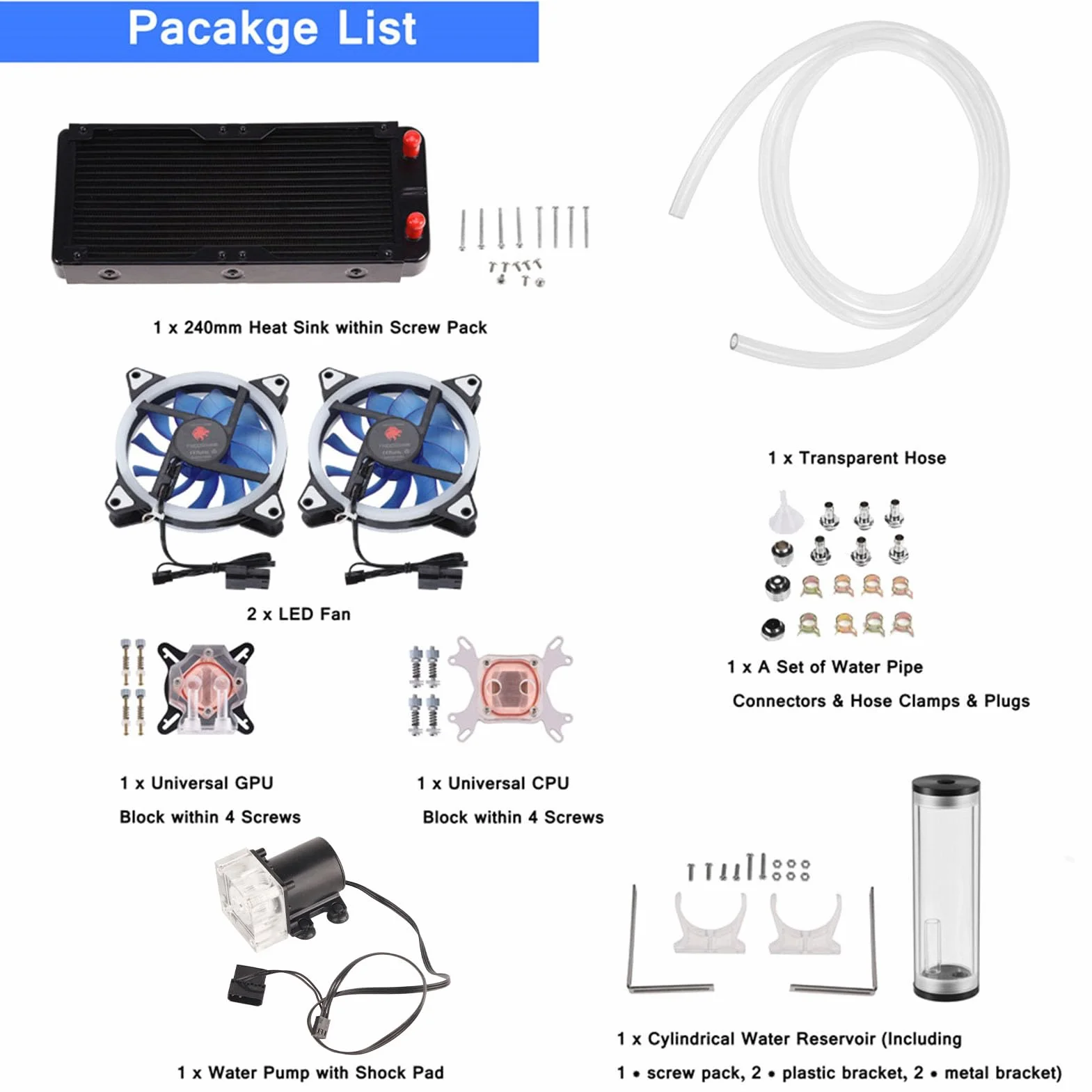 Cryfokt Zestaw Chłodzący do Komputera DIY z miedzianą podstawą, Blokiem Procesora/GPU, wodoodporną pompką i Radiatorem 240 Mm, Ulepszonym Elastycznym Wężem, Odpowiedni dla Entuzjastów Overclockingu