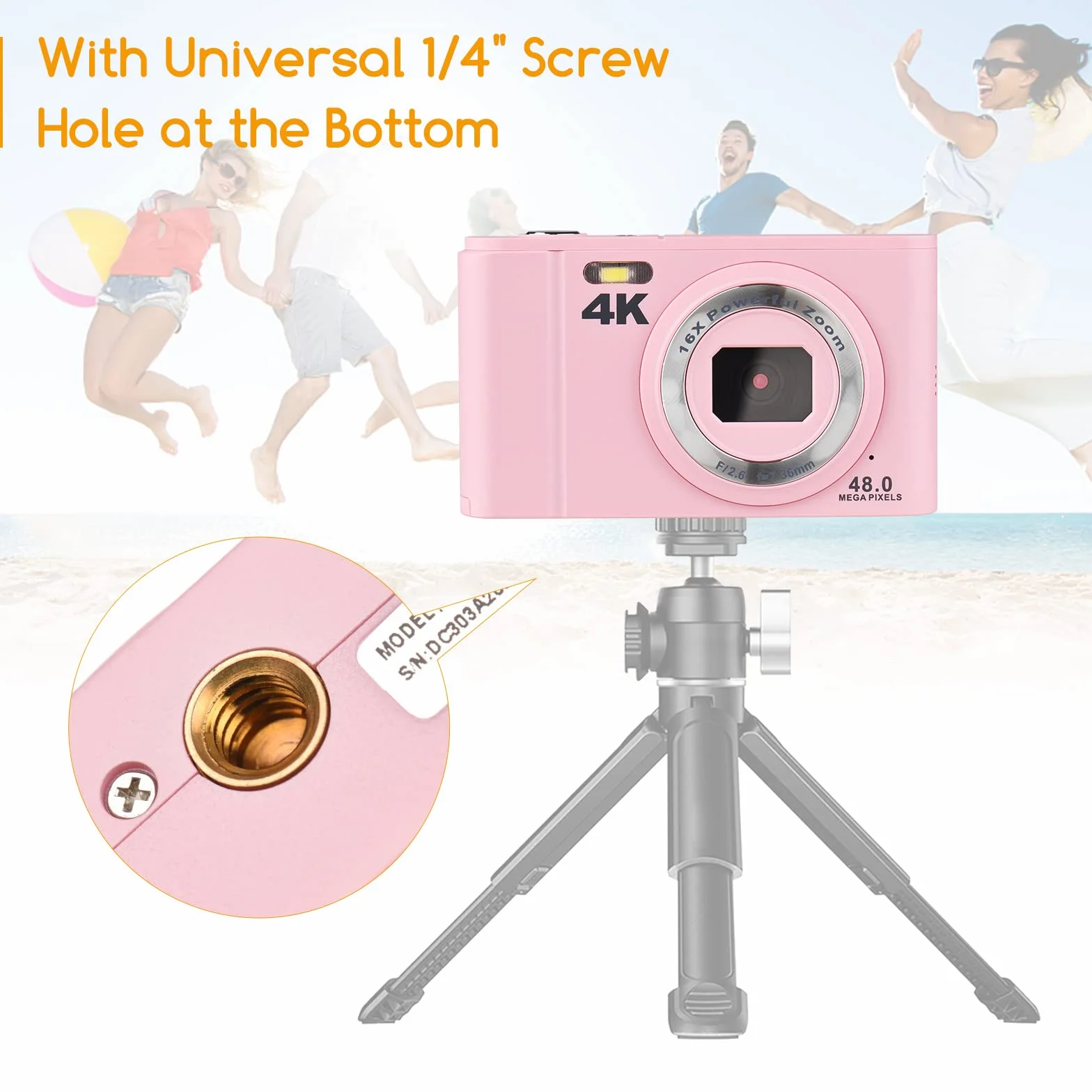 Andoer Aparat cyfrowy, 48 MP 4K, ekran IPS 2,8", kompaktowy aparat cyfrowy 16x, z 2 bateriami, karta pamięci 32 GB, pasek na rękę, torba do noszenia dla dorosłych/seniorów/dzieci, różowy