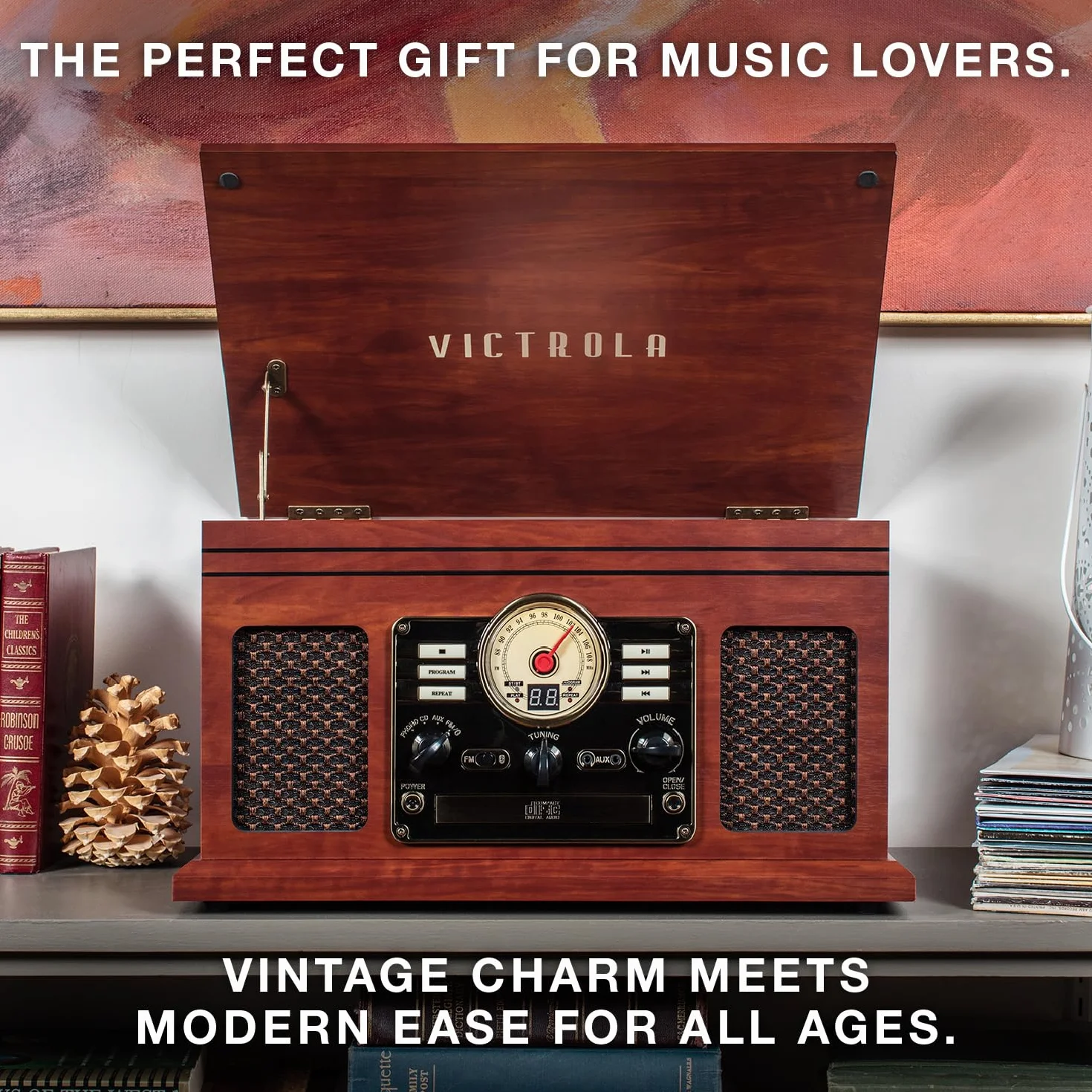 Victrola The Quincy – Gramofon Bluetooth 6 w 1 z wbudowanymi głośnikami, talerz obrotowy 3 prędkości, odtwarzacz CD i kaset, radio AM/FM, bezprzewodowe przesyłanie muzyki (Mahogany)