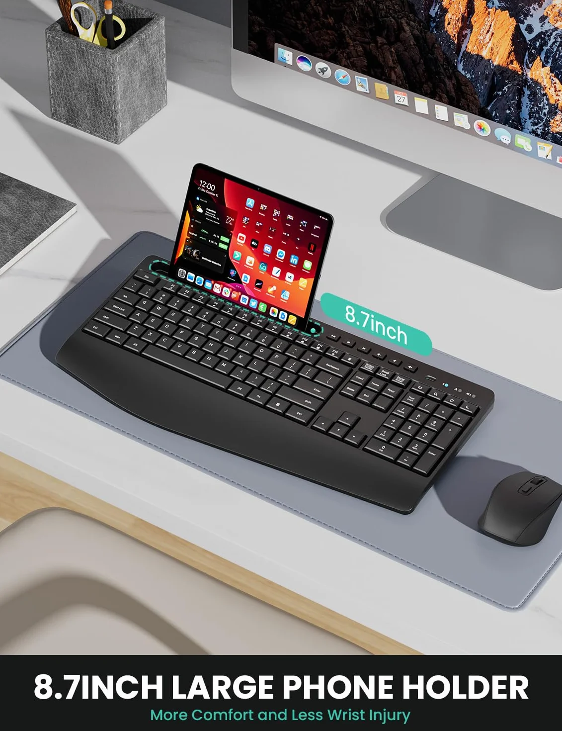 LIZRROT Ergonomiczna bezprzewodowa klawiatura i mysz 2,4 GHz, cichy, podpórka pod nadgarstek, uchwyt na telefon, kompatybilny z Windows, PC, laptopami