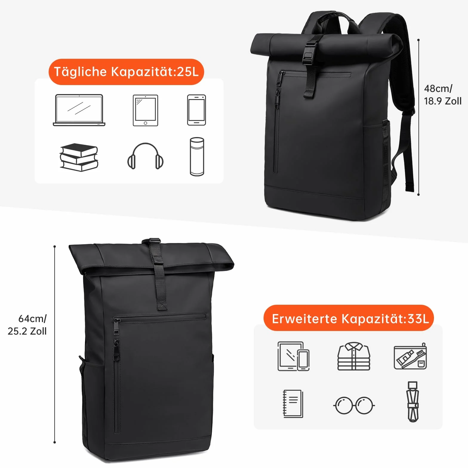 Rolltop plecak dla mężczyzn i kobiet, duży plecak na laptopa, wodoszczelny, z kieszenią na komputer, 16", plecak szkolny, plecak podróżny, bagaż podręczny, samolot, do pracy, na podróż