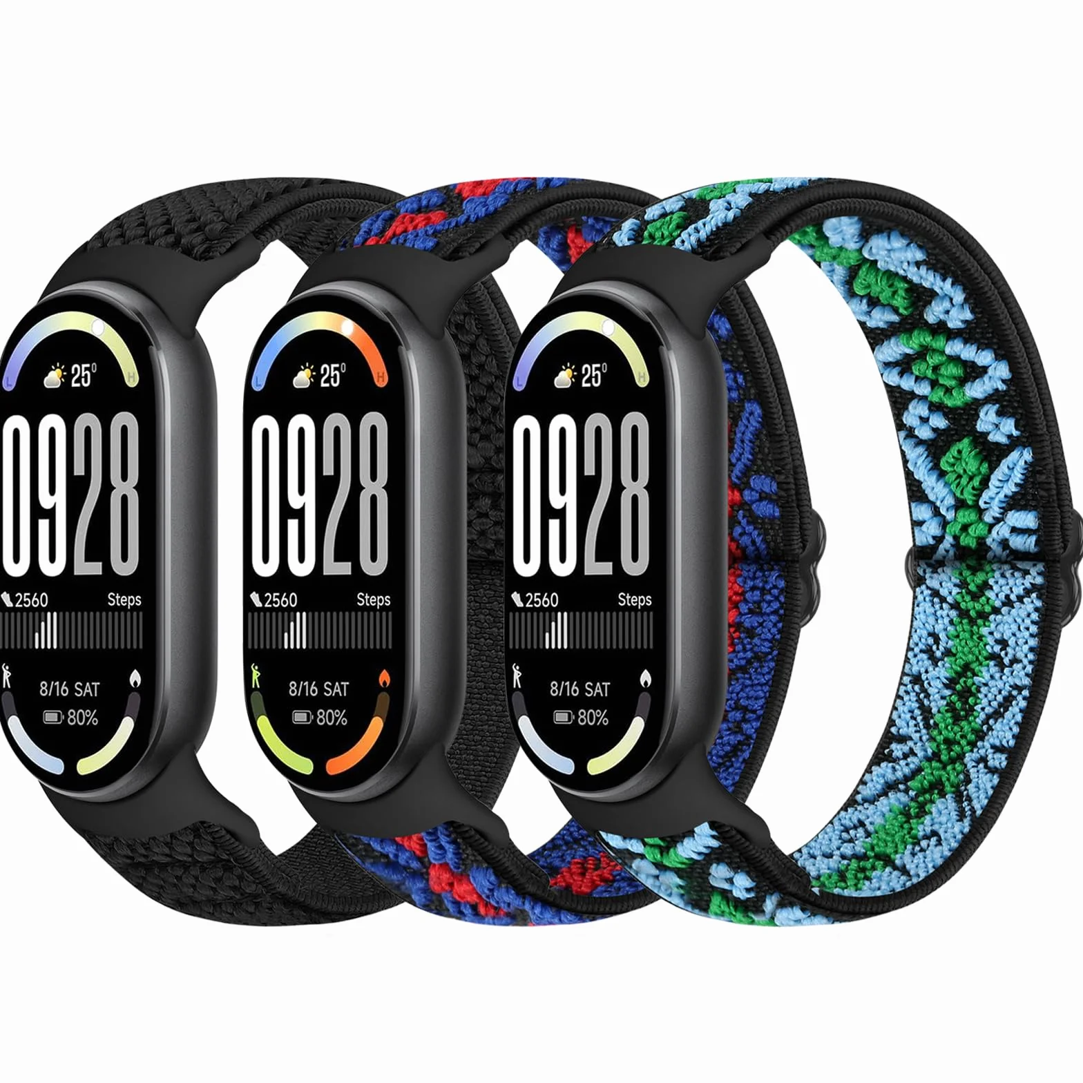 Bcuckood Elastyczna bransoletka kompatybilna z Xiaomi Smart Band 9 / Xiaomi Smart Band 8, dla kobiet i mężczyzn, rozciągliwa, elastyczna nylonowa bransoletka zamienna do Xiaomi Mi 9/8, 3 sztuki