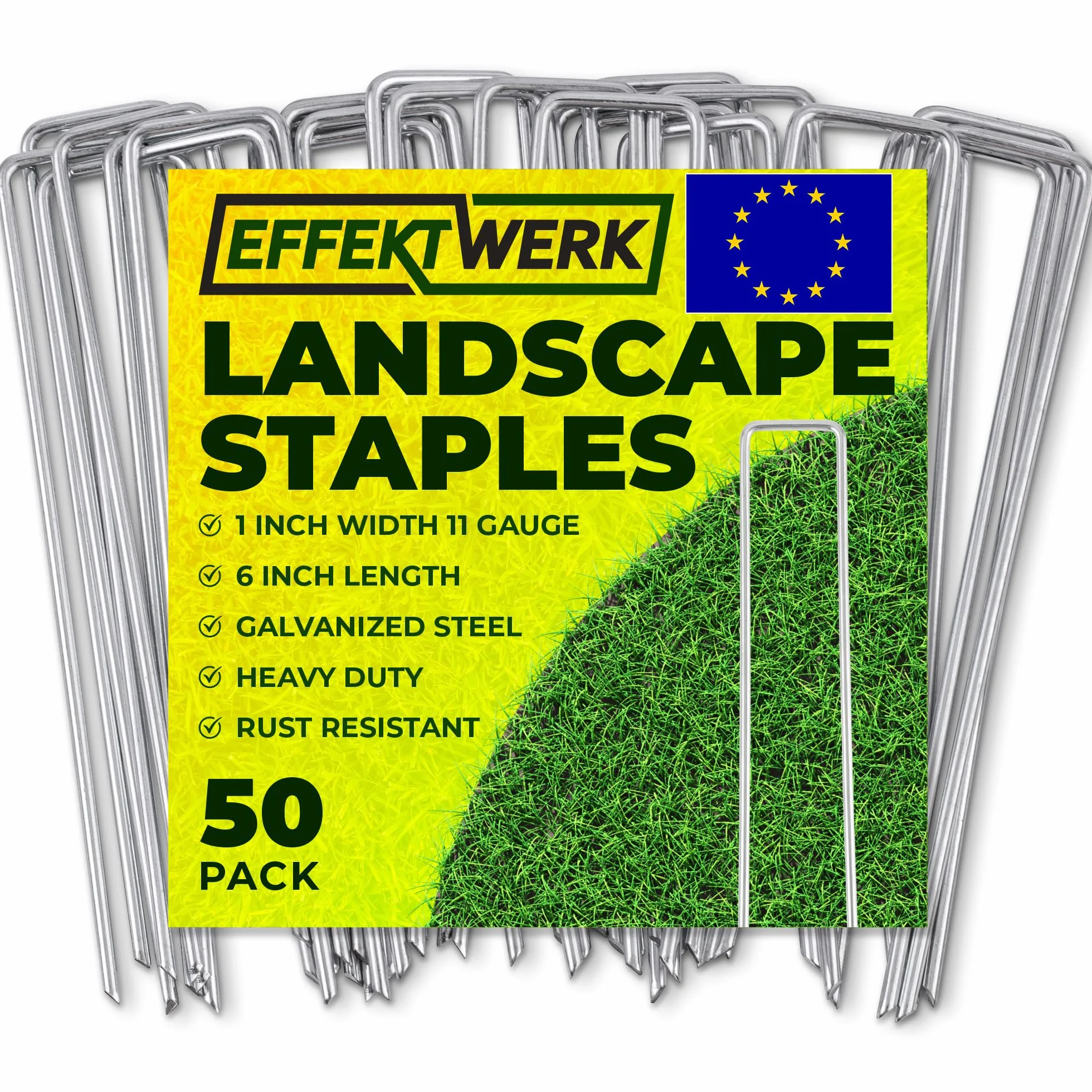 Garden Stakes (6" / 150mm, 50 PK), Galvanized U-Shaped Landscape Staples, Fabric Pins for Weed Barrier & Turf Installation