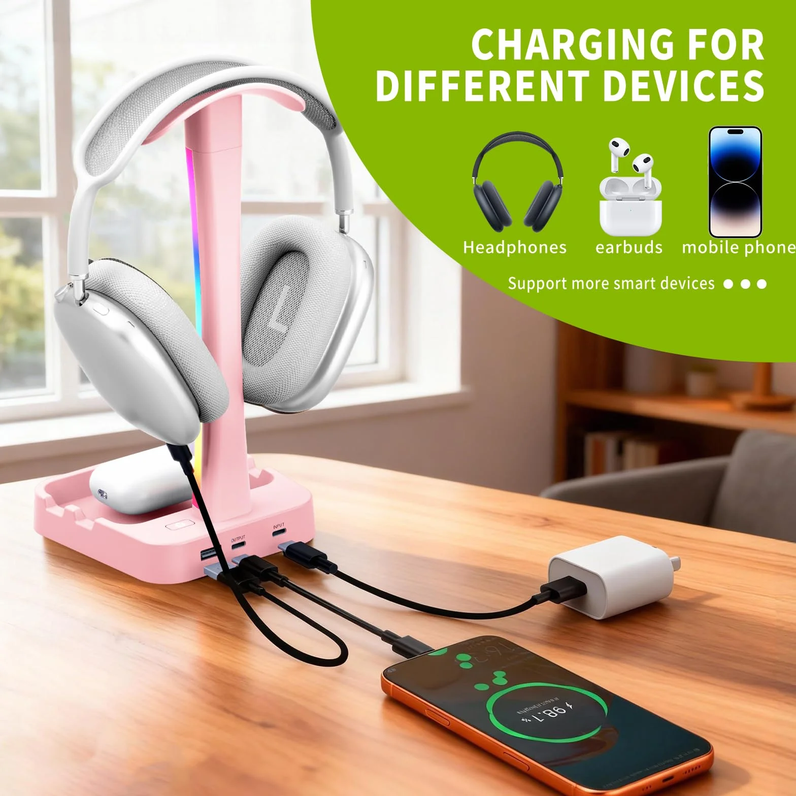 Stojak na słuchawki z ładowarką, stojak na słuchawki gamingowe z trybem światła RGB, do stojaka Airpod Max, lampy biurkowej, uchwytu na tablet, organizer na biurko, prezenty dla graczy i