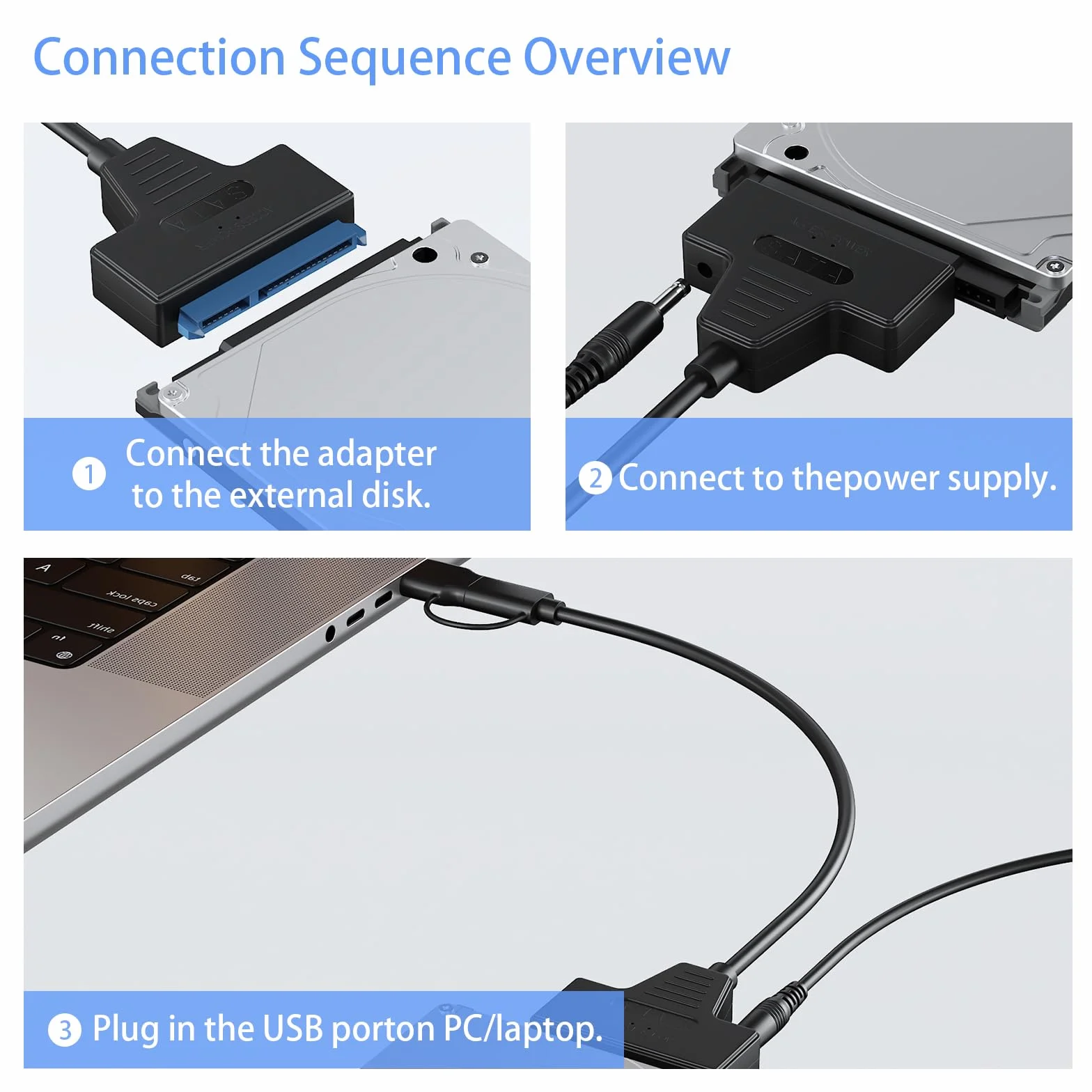 Kabel adaptera SATA na USB 3.0 i USB C do czytnika dysków twardych SSD/HDD 3,5 cala, zewnętrzny konwerter do transferu danych SSD/HDD z zasilaczem 12 V/2 A