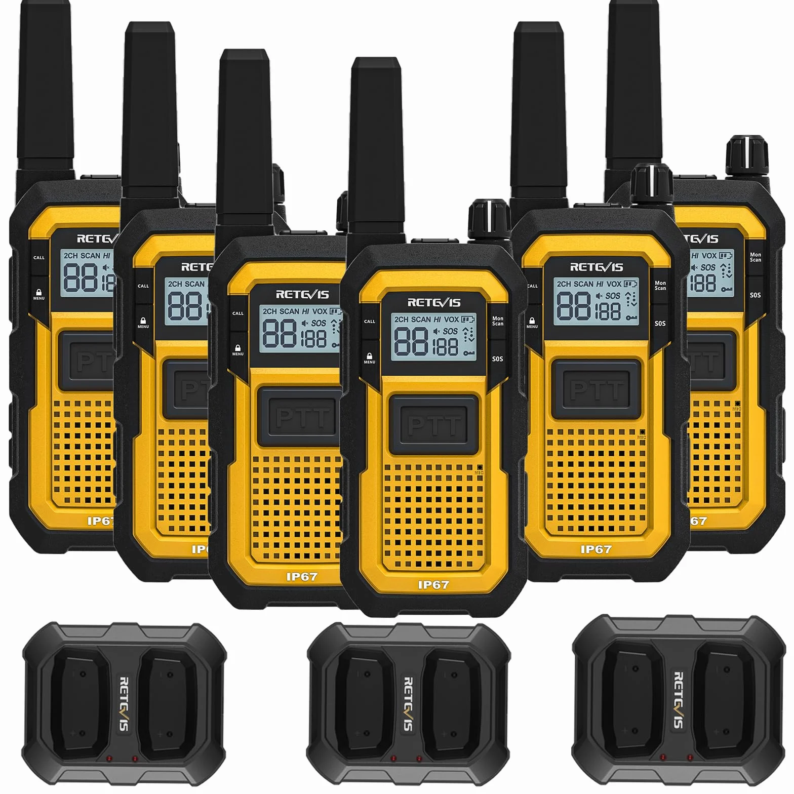 Retevis RB648 Krótkofalówki, Wodoodporne Walkie Talkie IP67, Wytrzymałe, 2000 mAh, Wibracje SOS VOX, Walkie Talkie Dalekiego Zasięgu, Wytrzymałe do Magazynów i Przemysłu (6 Szt, Żółty)