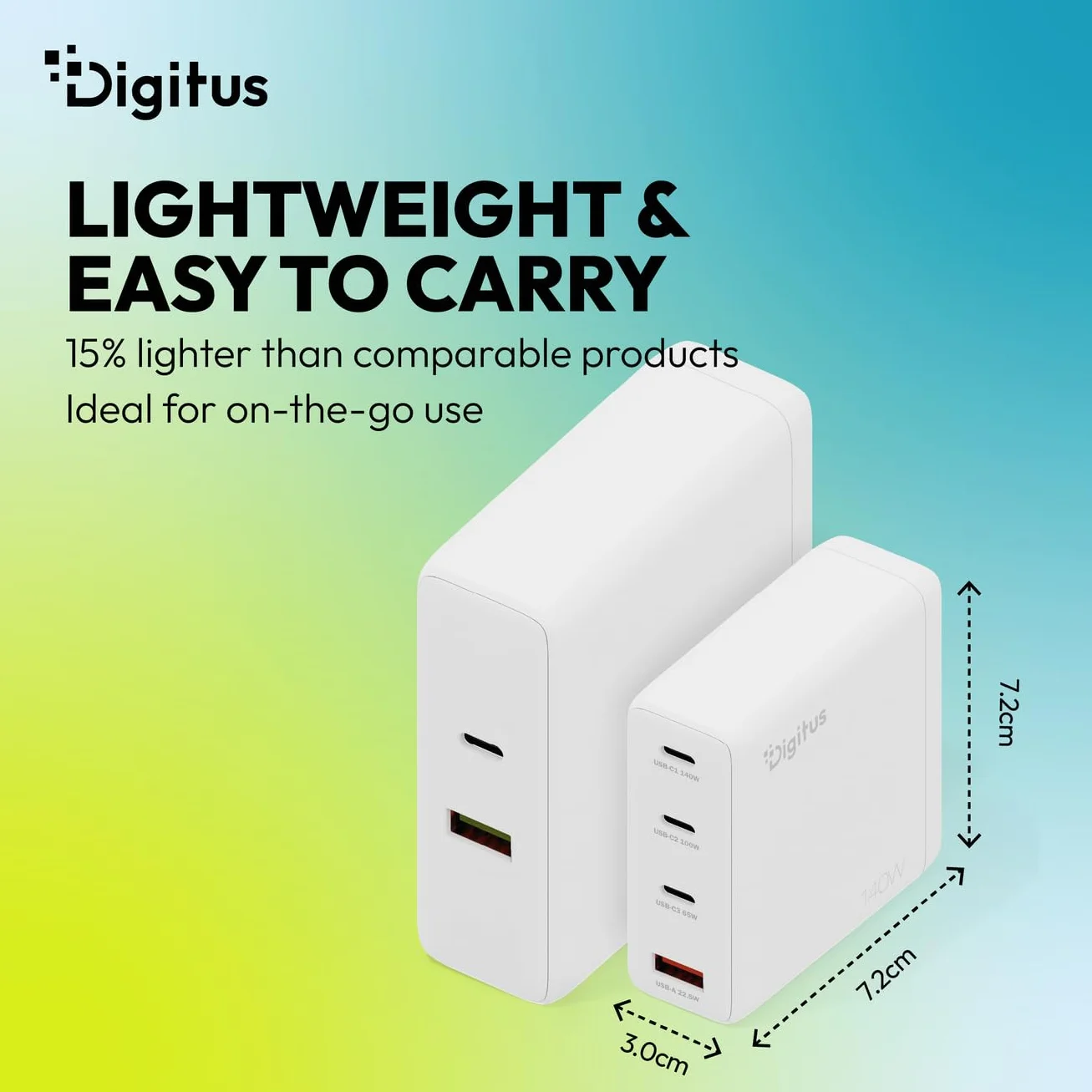 DIGITUS Ładowarka USB-C GaN II – 3x USB-C i typ A – 3 porty – do 140 W – szybka ładowarka – odpowiednia do laptopów, telefonów komórkowych, tabletów, smartwatchy, słuchawek, powerbanków – biała