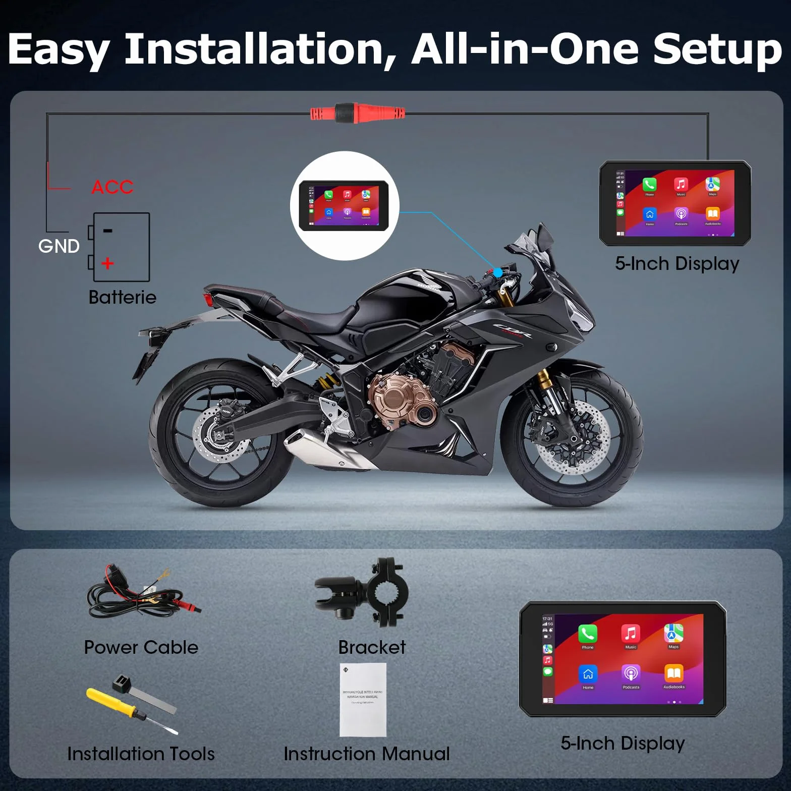 5-calowy motocykl Carplay Android Auto Display GPS Siri/GOO-gle Assistant | Obsługa Bluetooth IP67 Full Body Waterproof Motocyklowe urządzenia nawigacyjne
