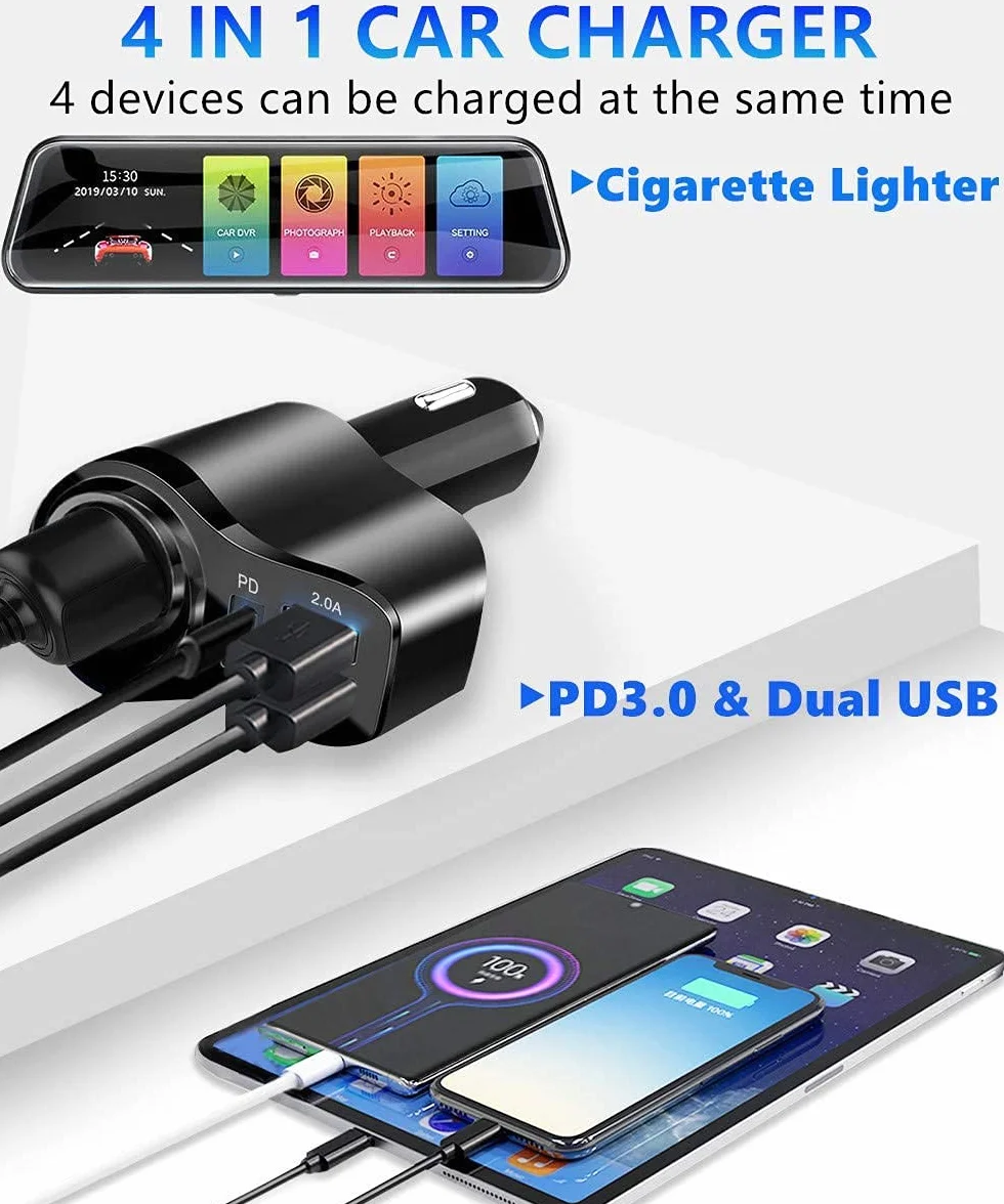 Ładowarka samochodowa 4 w 1 PD 3.0 do gniazda zapalniczki samochodowej rozdzielacz USB 12 V ładowarka samochodowa 168 W szybkie ładowanie mini adapter USB gniazdo do iPhone 17 16 15 14 13 12 Samsung