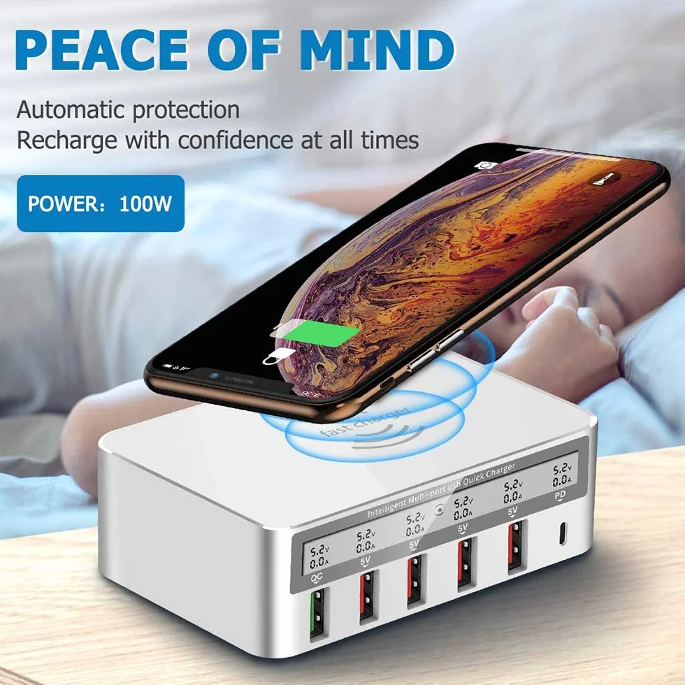 Bezprzewodowa ładowarka wiele USB stacja ładująca 100 W szybkie ładowanie 6-portowa stacja ładująca biurkowa Hub z szybkim ładowaniem 3.0 port USB 18 W PD kompatybilny z iPhone iPad Samsung, biały