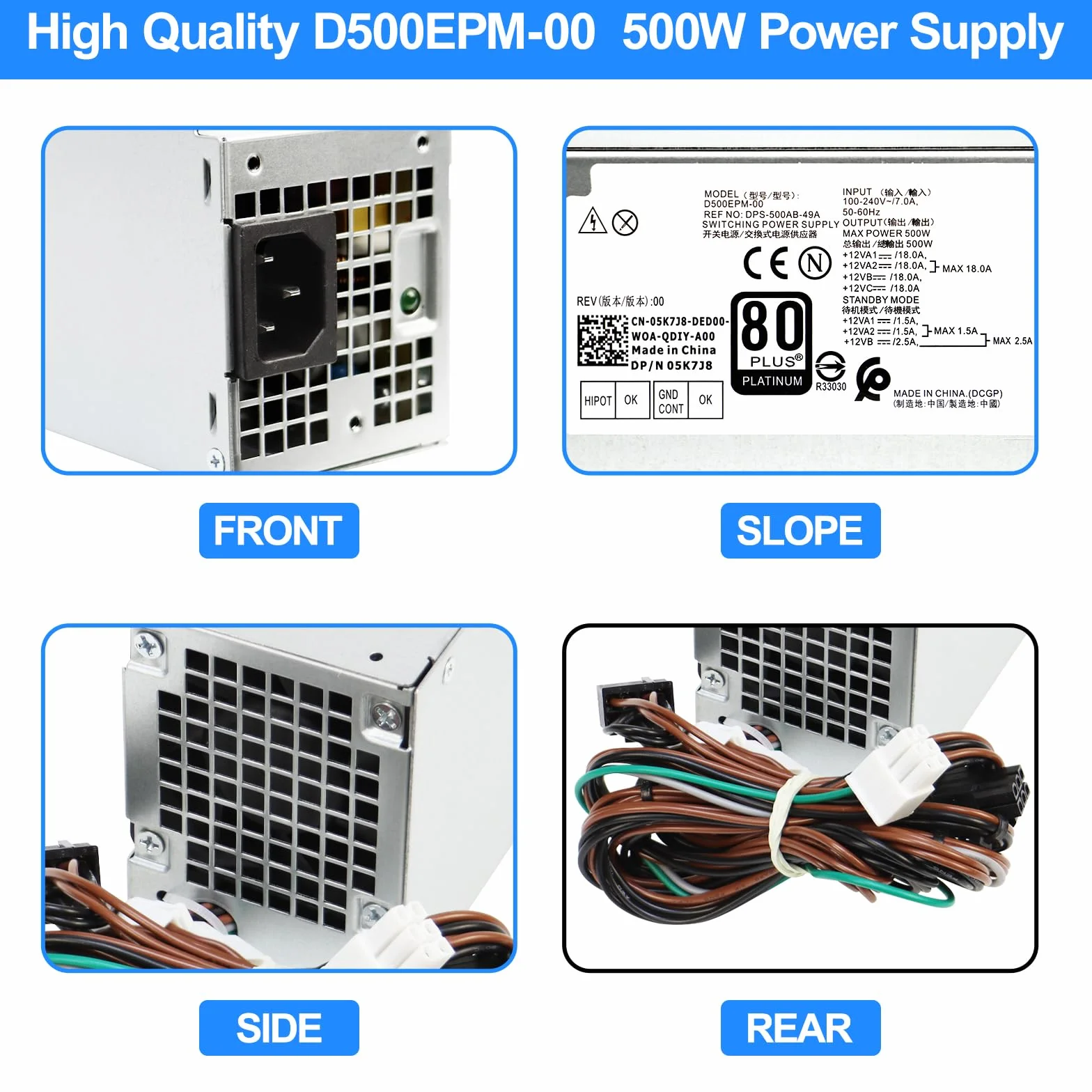 S-Union D500EPM-00 zasilacz 500 W kompatybilny z Dell Optiplex 7080MT 7070MT 7060MT 3050MT 3050 3080 3681 5060 5080 5090 7080 XPS 8940 MT 5K7J880 Y7R00 X H500EPM-00 H460EBM-00 zasilacz