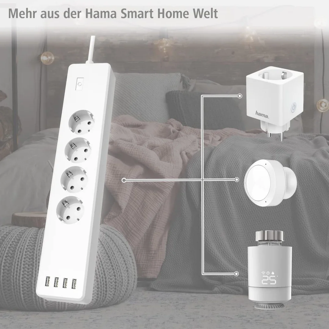Listwa zasilająca WLAN Hama z 4 gniazdami (pojedyncze przełączanie, listwa z 4 gniazdami z zabezpieczeniem przed przeciążeniem, sterowanie za pomocą aplikacji i głosem, natężenie 10 A), biała