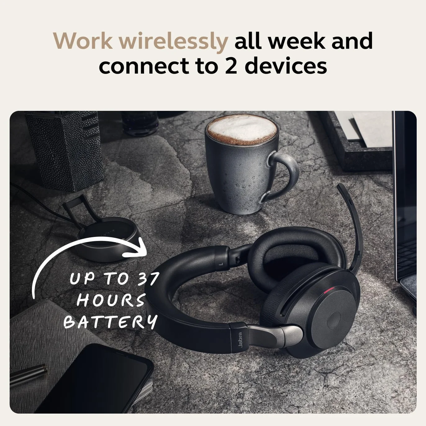 Jabra Evolve2 85 MS bezprzewodowe słuchawki z Link380a i stojakiem do ładowania, stereo, czarny, bezprzewodowy zestaw słuchawkowy Bluetooth do rozmów i muzyki, 37 godzin pracy baterii, zaawansowane