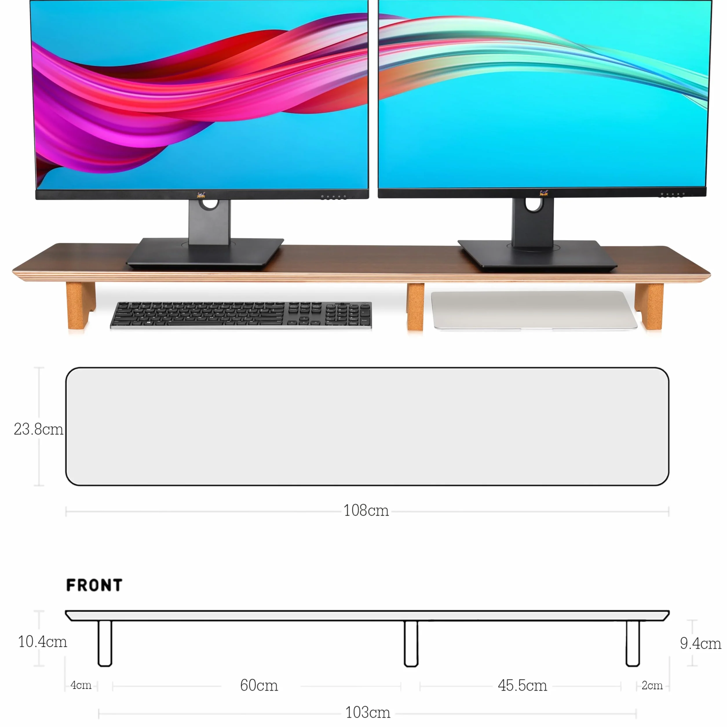 Aothia Duża podstawka pod monitor komputerowy, drewniana półka z ekologicznymi nóżkami korkowymi do ciężkich laptopów/komputerów/TV/PC, idealny organizer regałowy do biura/domu (orzech włoski, duża)