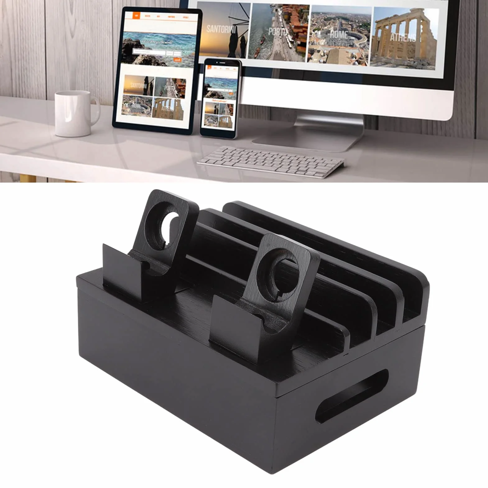 Bambusowa Stacja ładująca, Drewniana Stacja ładująca do Wielu urządzeń z 5 Portami ładowarki USB, do Telefonów Tablety Zegarki Elektronika (Czarny)