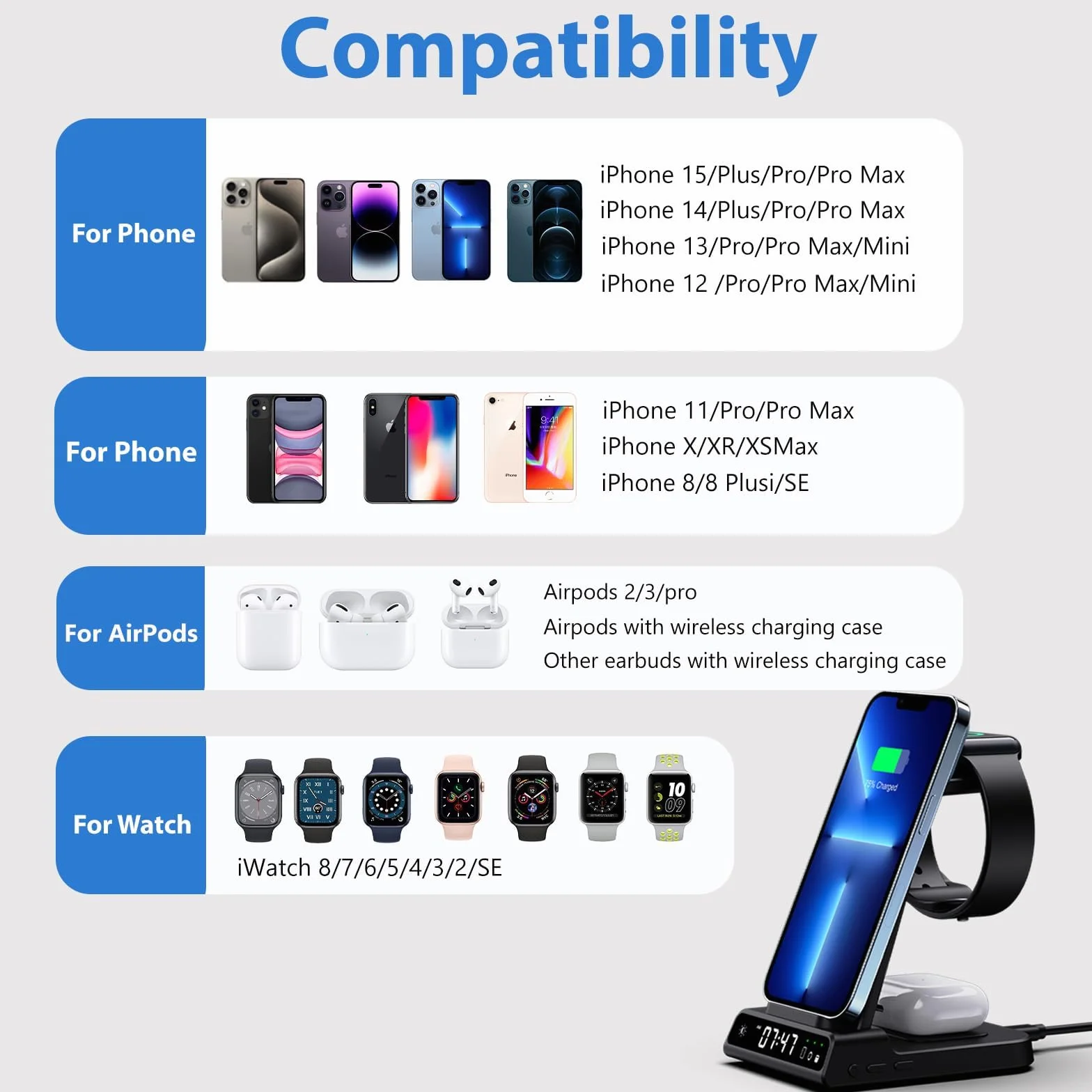 Stacja ładująca 3 w 1, Apple Watch i iPhone z zegarem cyfrowym, 18 W, szybka bezprzewodowa stacja ładująca do iPhone 15 Pro Max, indukcyjna stacja ładująca do Air pods Pro 2, Apple Watch stacja
