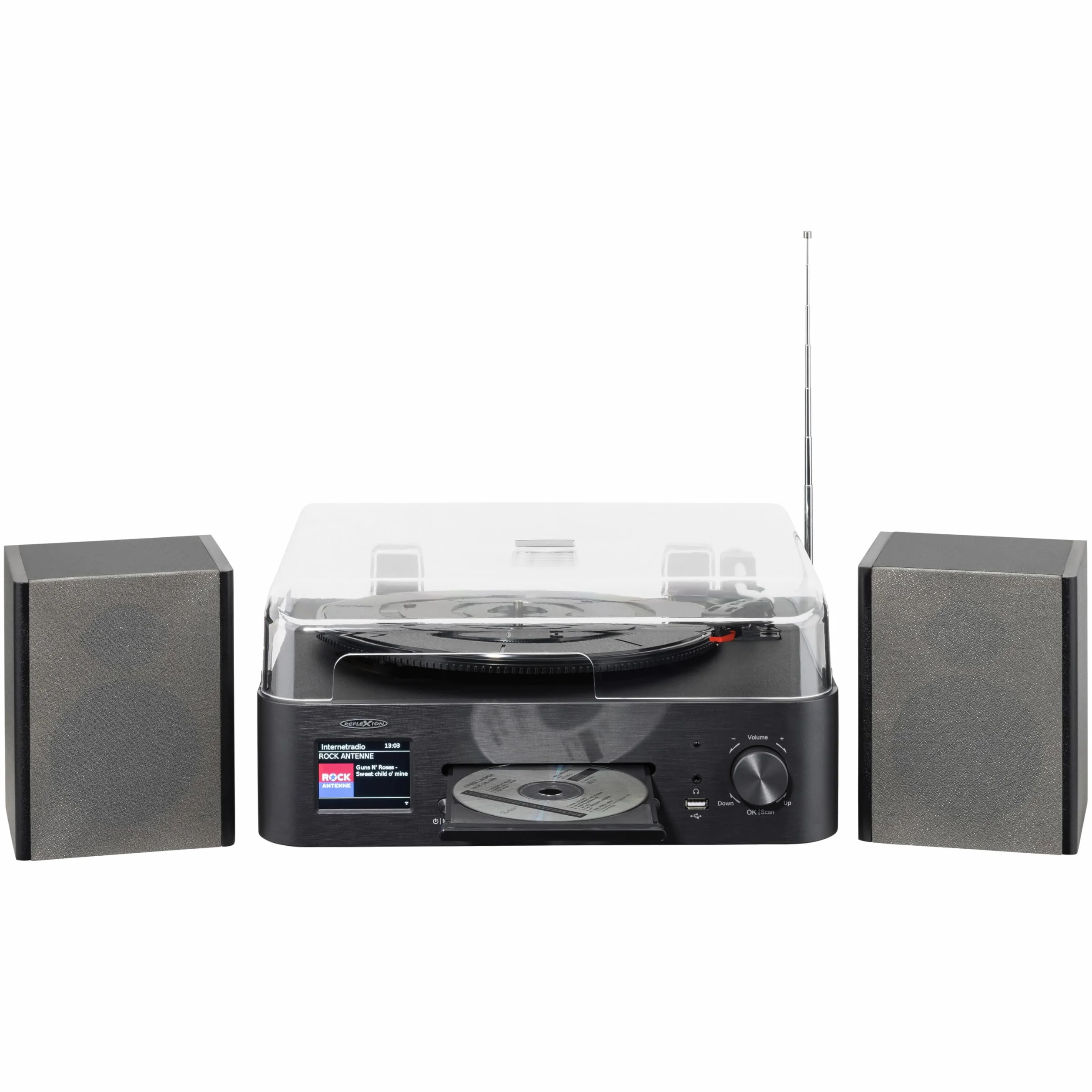 Reflexion Gramofon z głośnikiem i wi-fi; retro system HiFi z DAB+, radio internetowe, Bluetooth, CD, nagrywanie MP3 USB, kolorowy wyświetlacz, budzik i timer snu – kompletny system z pilotem zdalnego