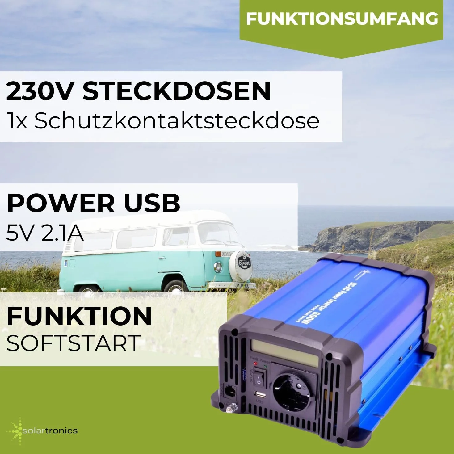 solartronics Przetwornica napięcia FS600D 12 V 600 W Czysty sinus niebieski m. Display Inverter falownik