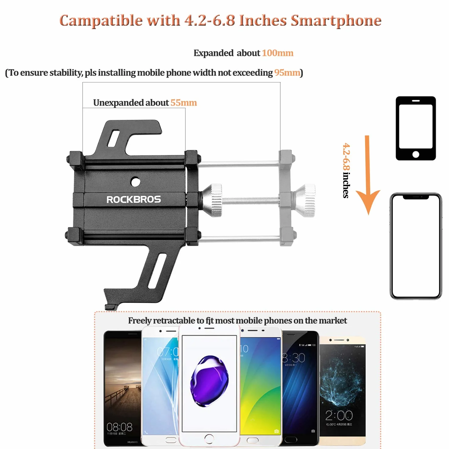ROCKBROS Uchwyt na Telefon, do Smartfonów 4.2-6.8 cala, Obracany o 360 °, Odpowiedni do kierownic od 22.2 do 31.8 mm, Czerwony, Czarny, Pomarańczowy