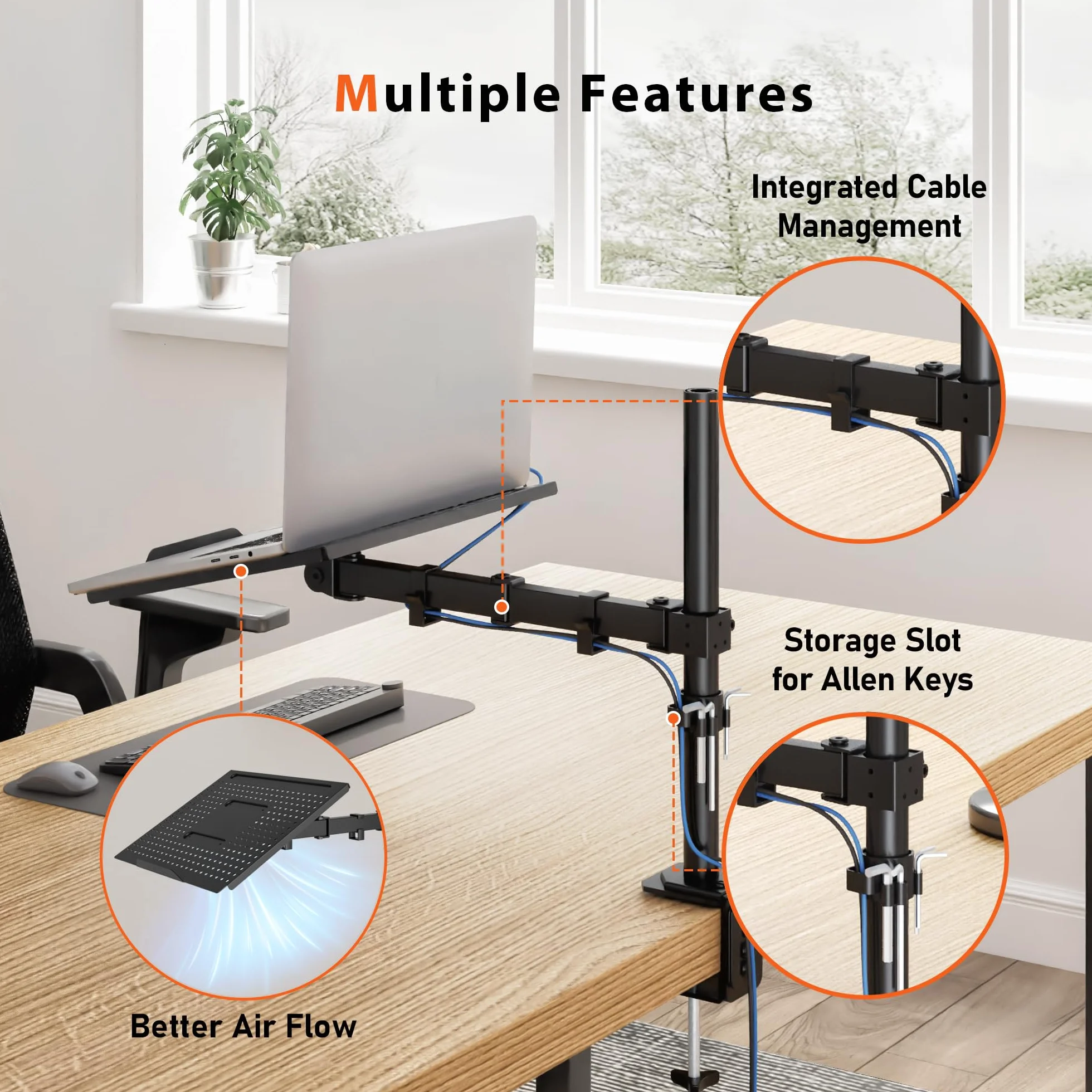 REDBAT Ergonomiczny Uchwyt na Laptopa do 16″ z Regulacją Wysokości i Półką na Monitor 13-32″ - Stojak na Biurko z 2 Opcjami Montażu, VESA 75x75/100x100mm, Do 8 kg