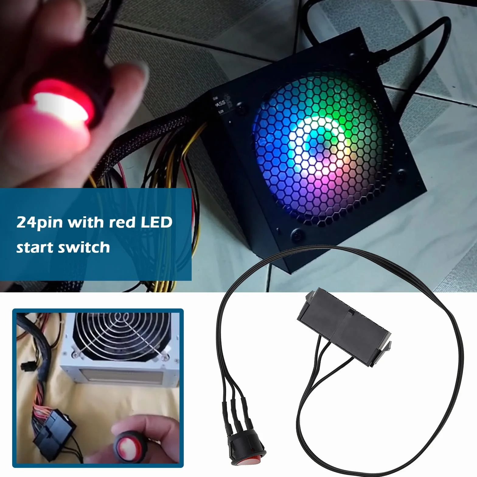 ECSiNG 20/24-pinowy kabel przełącznika zasilania ATX/EPS z czerwoną diodą LED