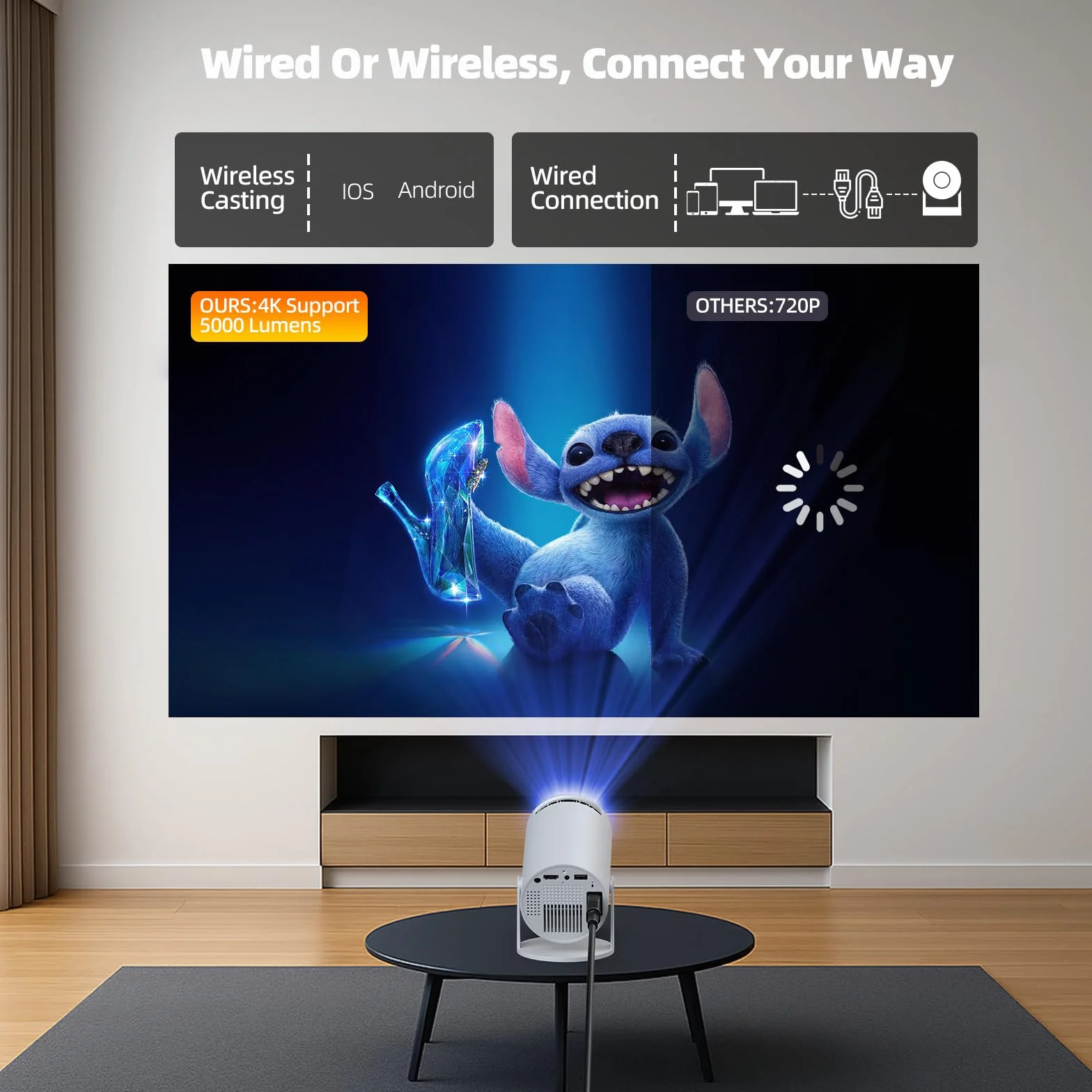 Mini projektor 4K z WiFi6 i BT5.0, Android 11.0, przenośny projektor z obrotem o 220°, automatyczna korekcja trapezowa, inteligentny projektor kina domowego do iPhone'a/PC/Switch