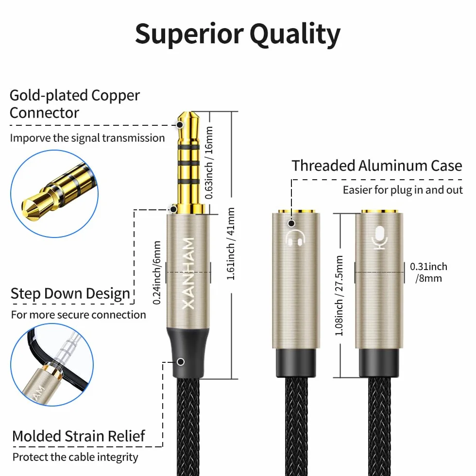 Rozdzielacz słuchawkowy 3,5 mm, w kształcie litery Y, 1/8", 2 TRS, żeński na 1 TRRS, męski, 4-biegunowy, mikrofon, audio, kompatybilny z laptopem, smartfonem, komputerem, tabletem, grami itp