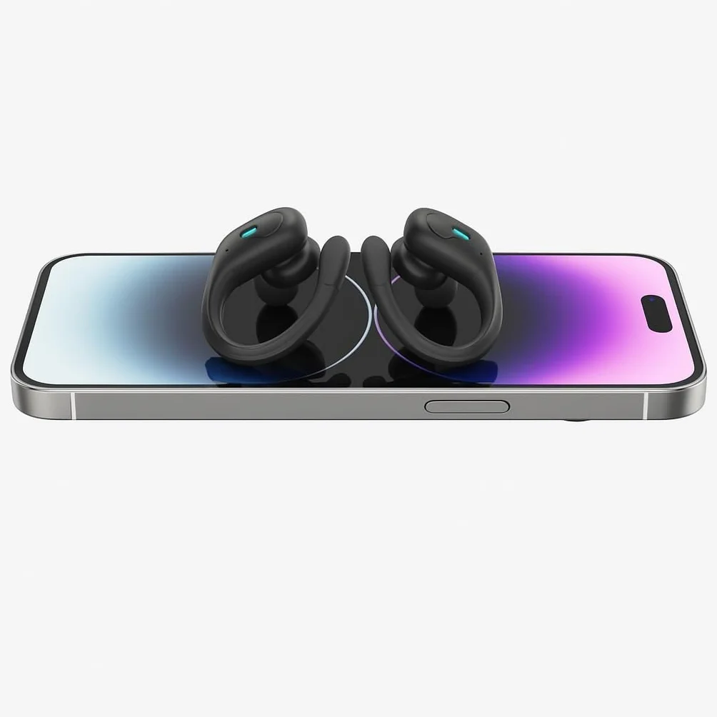E1 Open Ear, słuchawki bezprzewodowe douszne z mikrofonem, Bluetooth, zaczepy, 54 godzin odtwarzania, szybkie ładowanie, wodoodporność IPX5, z etui, czarne