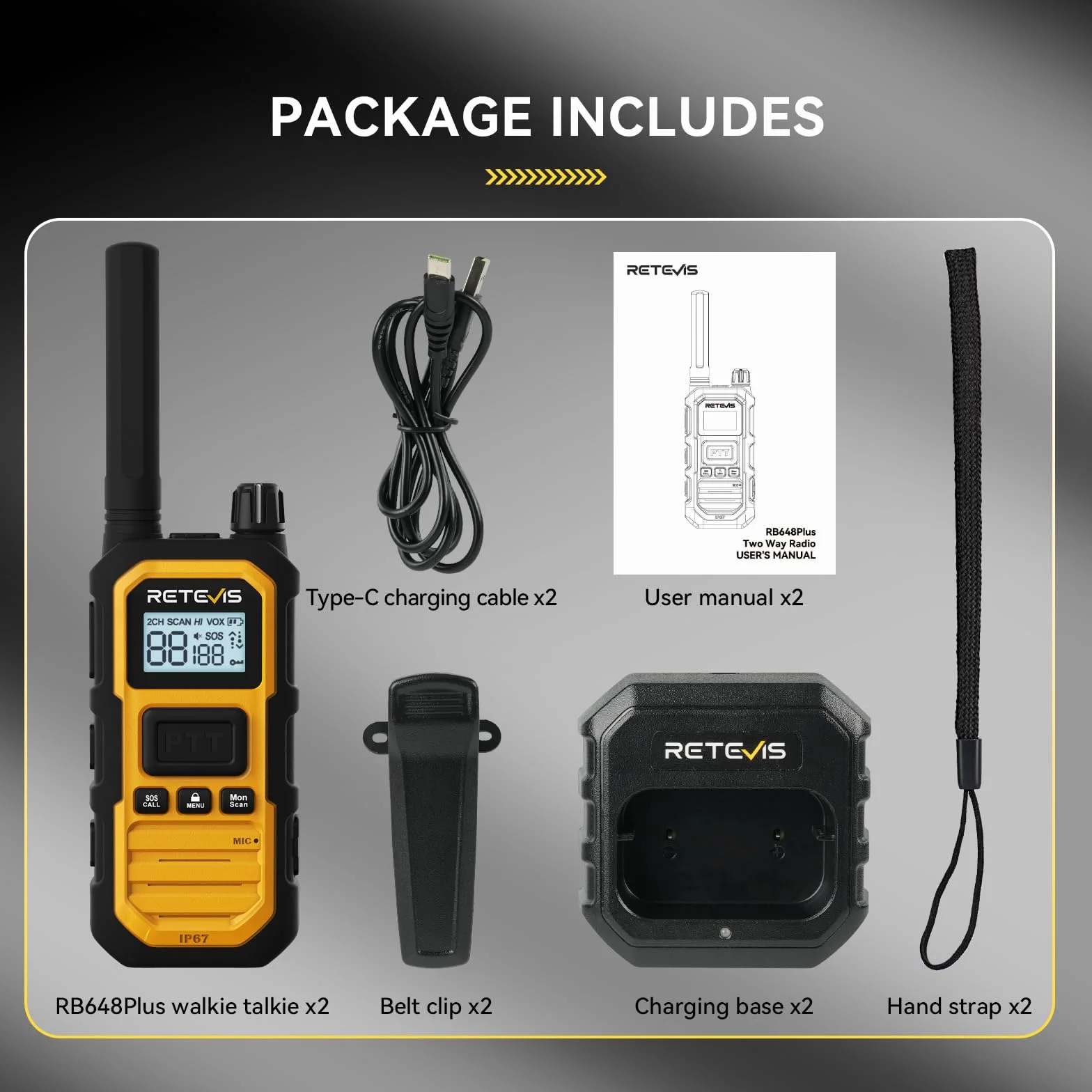Retevis RB648 Plus Walkie-Talkie Dalekiego Zasięgu, Wodoodporne Radio Dwukierunkowe IP67, Łatwe Parowanie, 2000 mAh, Profesjonalny Walkie Talkie na Kemping (2 Szt. Żółty)