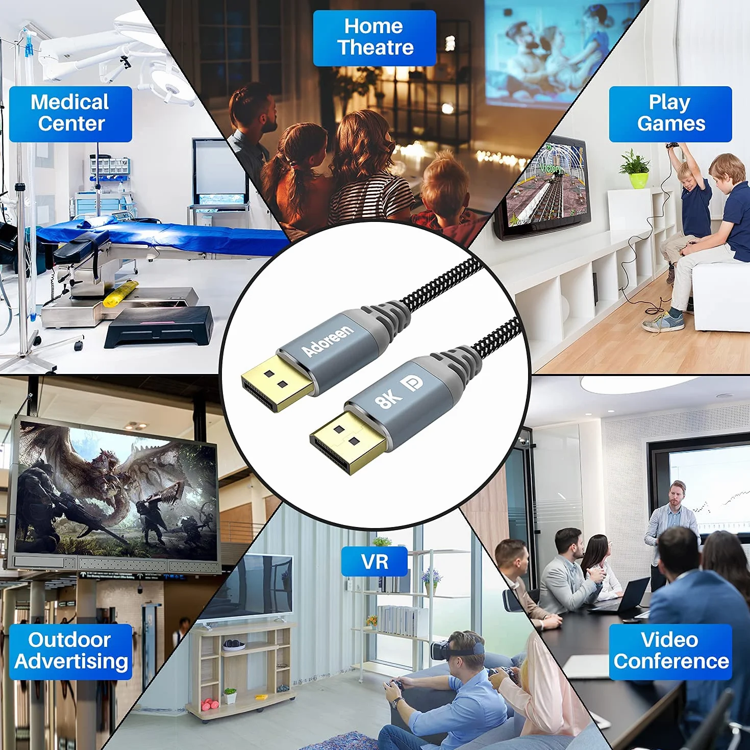 Kabel 8K DisplayPort 1.4, 30 m, kabel Adoreen DP od 1,5 do 90 m, 8K przy 60 Hz, 4K 144 Hz, 1080P przy 240 Hz, 2K, 32,4 Gb/s, HBR3 HDCP HDR, FreeSync G-Sync, pleciony port wyświetlacza do monitora 3090
