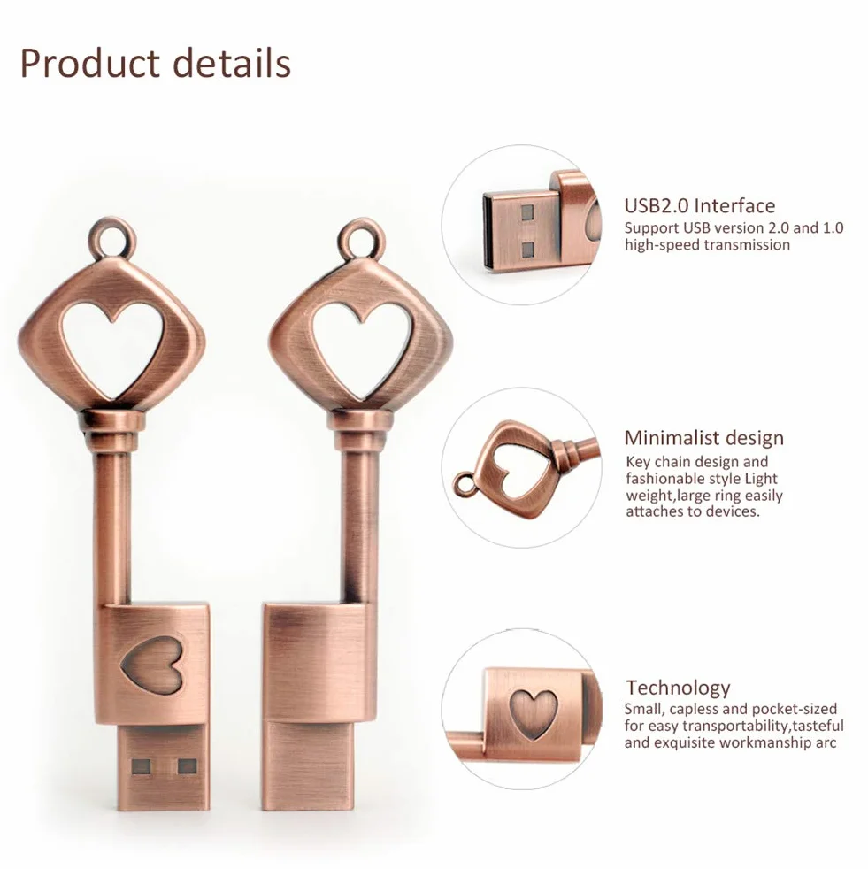 32 GB Pamięć USB, BorlterClamp Pendrive Retro Metalowy Miłość Serce Klucz Kształt