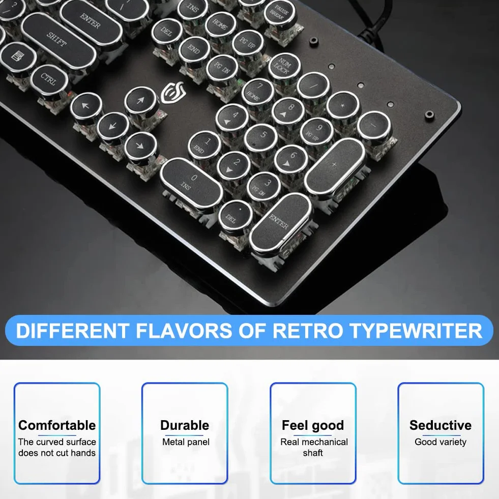 HJK920 Mechaniczna klawiatura do gier, oświetlenie RGB LED, 104 klawiszy, klawiatura retro, przewodowa, do komputerów PC Gamer Office i laptopa stacjonarnego (czarny)