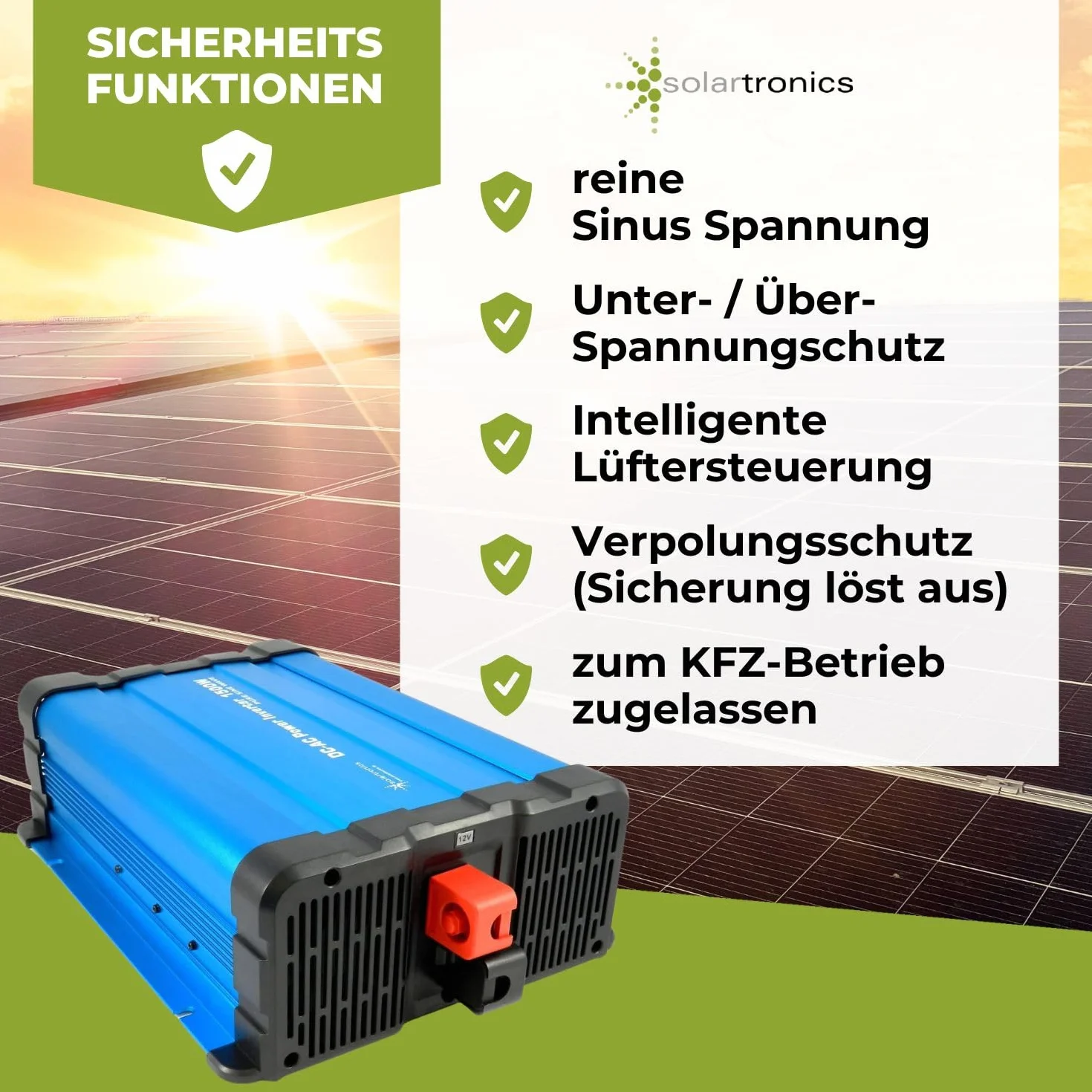 Solartronics Przetwornica napięcia FS1500D 12V 1500/3000 W, czysty sinus niebieski z wyświetlaczem