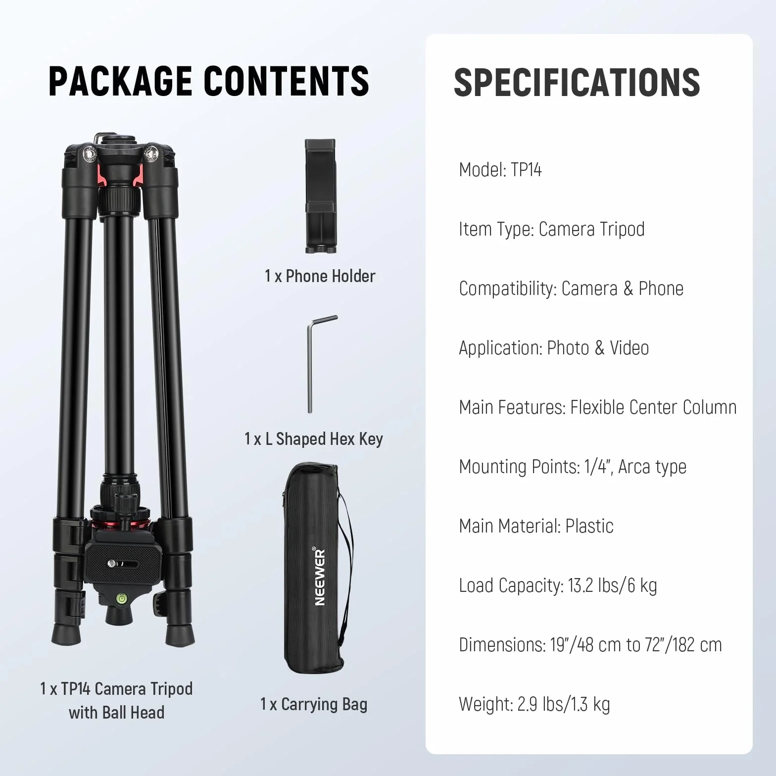 NEEWER BASICS Statyw Aparat podróżny 182 cm, lekki przenośny statyw DSLR z głowicą kulową, płyta QR Arka, uchwyt na telefon kompatybilny z iPhone do zdjęć i filmów, Max 6 kg, TP14