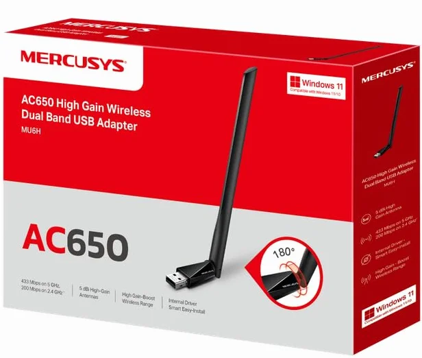 Mercusys TP-Link MU6H AC650 WiFi USB o wysokim wzmocnieniu, pamięć WiFi, Dual-Band, 200 Mbps na 2,4 GHz z technologią 256-QAM, 433 Mbps na 5 GHz, kompatybilny z Windows 11/10/8.1/8/7/XP