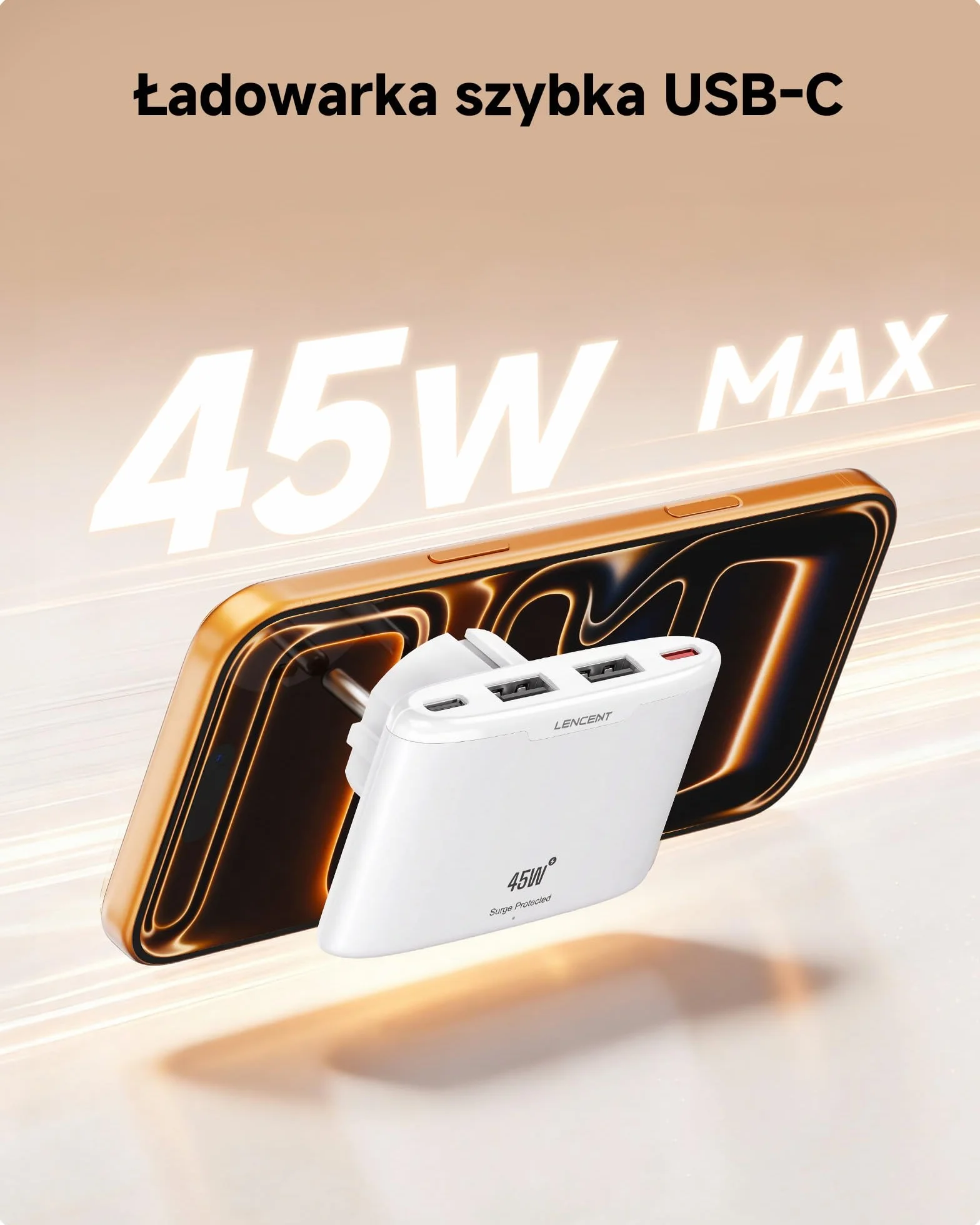 LENCENT Płaska ładowarka USB C Slim 45 W, szybka ładowarka, zasilacz | 4-portowy, cienka wtyczka do ładowania, z GaN-Tech, kompatybilna z iPhone 17/16/15, iPad, telefonem komórkowym, tabletem