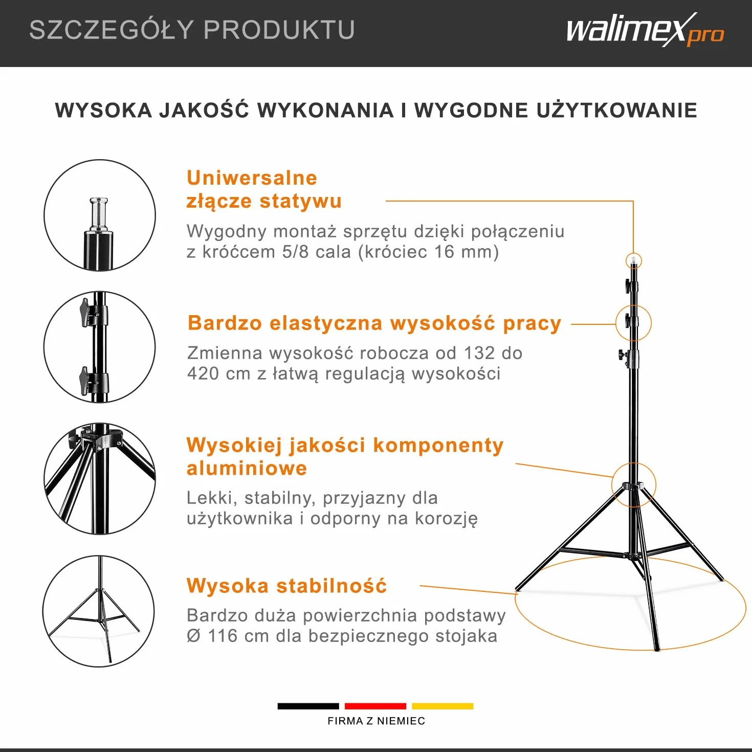 Walimex pro WT-420 stojak na lampę 420 cm - statyw świetlny z tłumieniem sprężynowym, wysokość maks. 420 cm, nośność 7,5 kg, rurki 40 mm, aluminiowy stojak świetlny do studia fotograficznego na zewnątrz