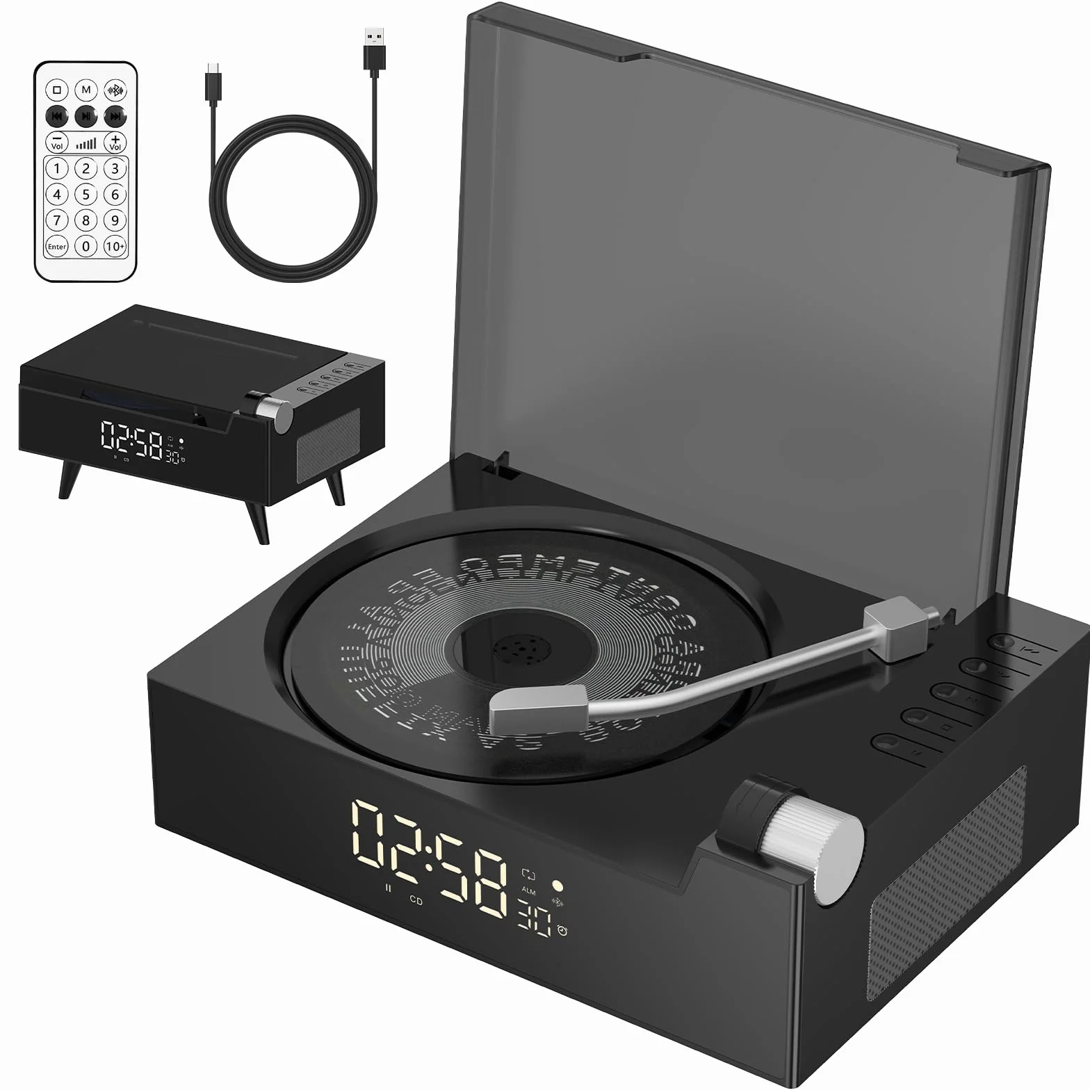 Przenośny odtwarzacz CD do domu z głośnikiem Hi-Fi | Nadajnik i odbiornik Bluetooth, timer, wyświetlacz LED, wbudowane podwójne głośniki, obsługa USB/AUX